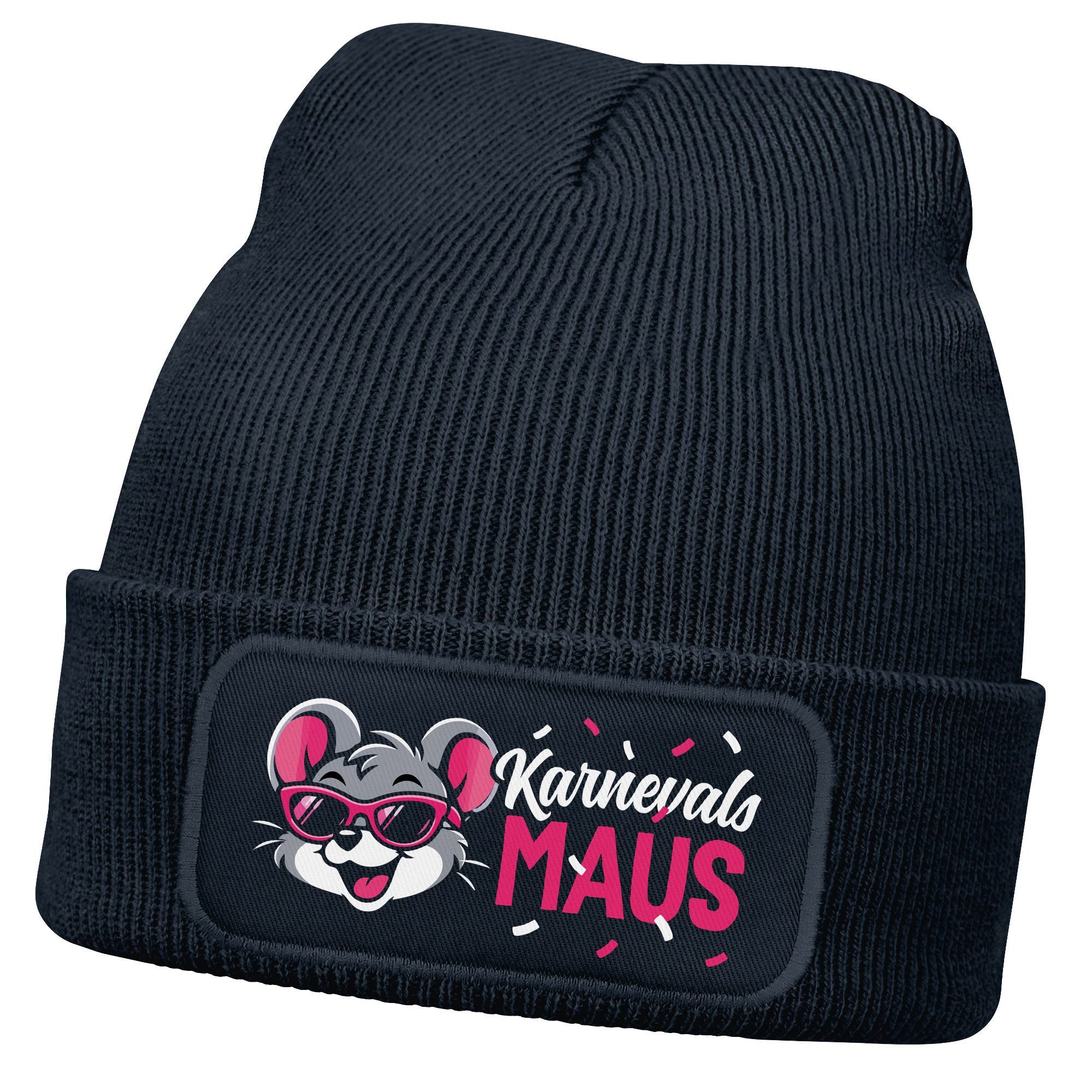 Strickmütze Damen Beanie Patch - Karnevalsmaus -Strickmütze Spruch Karneval