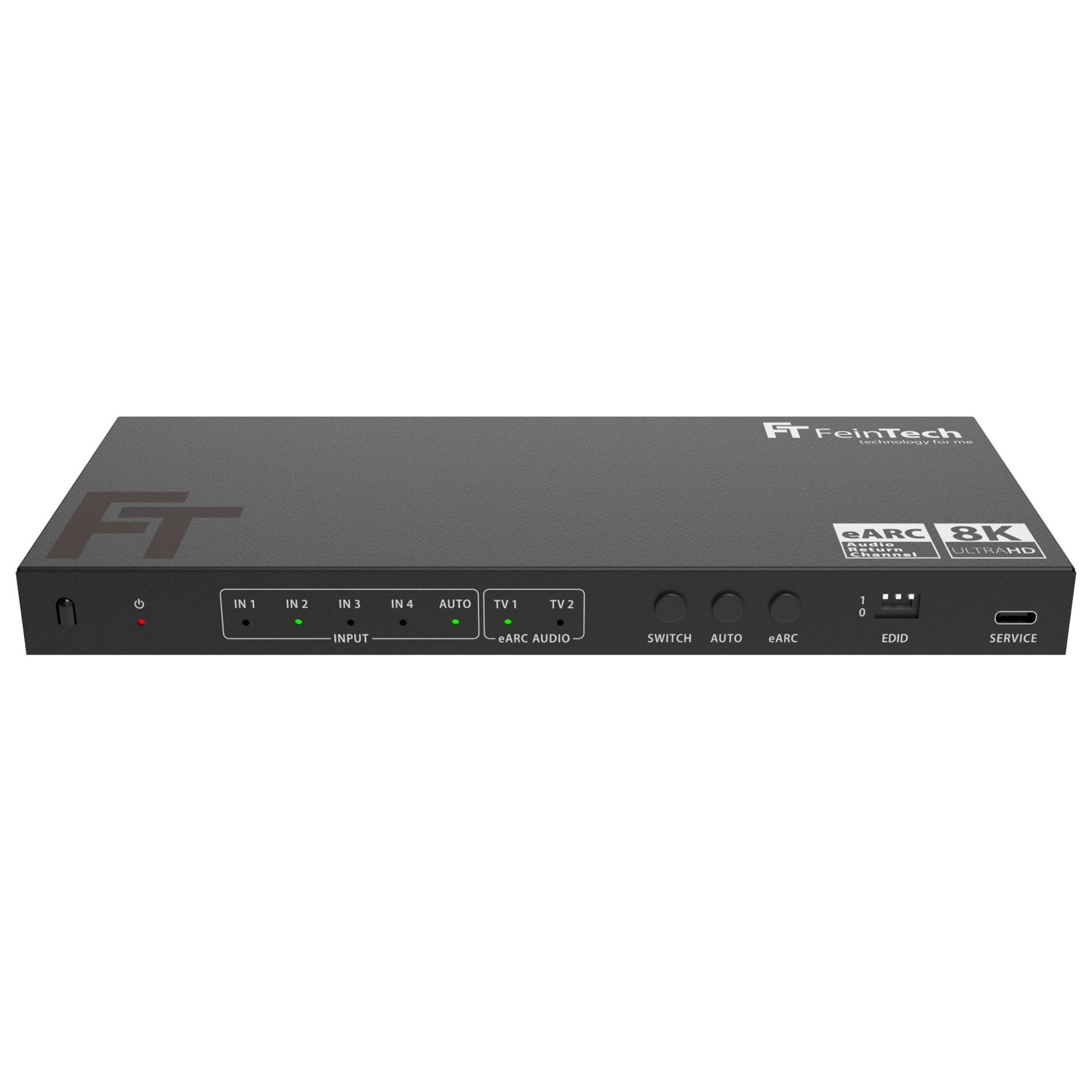 FeinTech HDMI-Splitter FeinTech AX341 HDMI 2.1 eARC Splitter Switch 4 In 2 Out + Soundbar, 4K 120Hz & 8K, Audio-Anschluss für eARC-Soundbar, Toslink, Aux