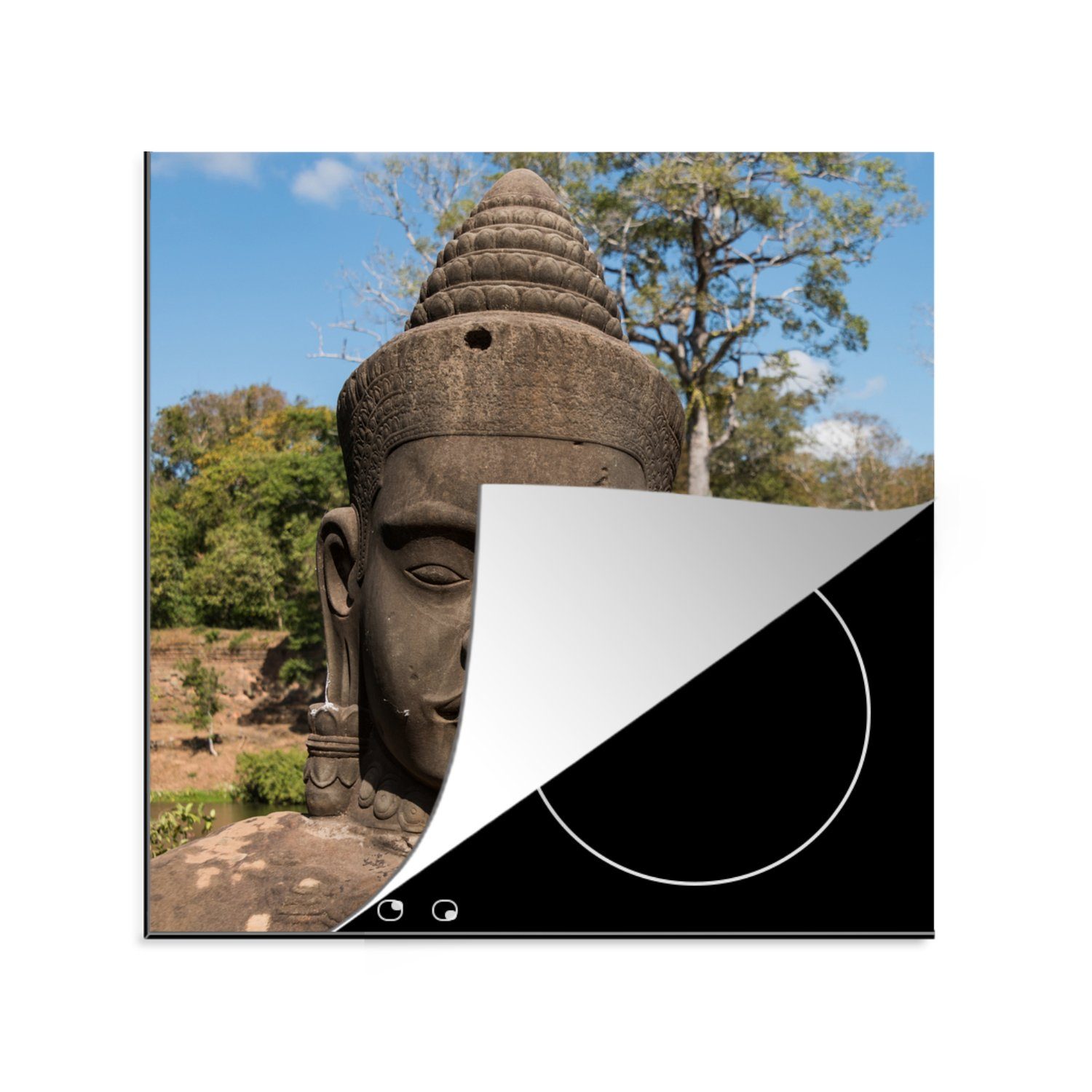 MuchoWow Herdblende-/Abdeckplatte Kambodscha - Gesicht - Statue, Vinyl, (1 tlg), 78x78 cm, Ceranfeldabdeckung, Arbeitsplatte für küche