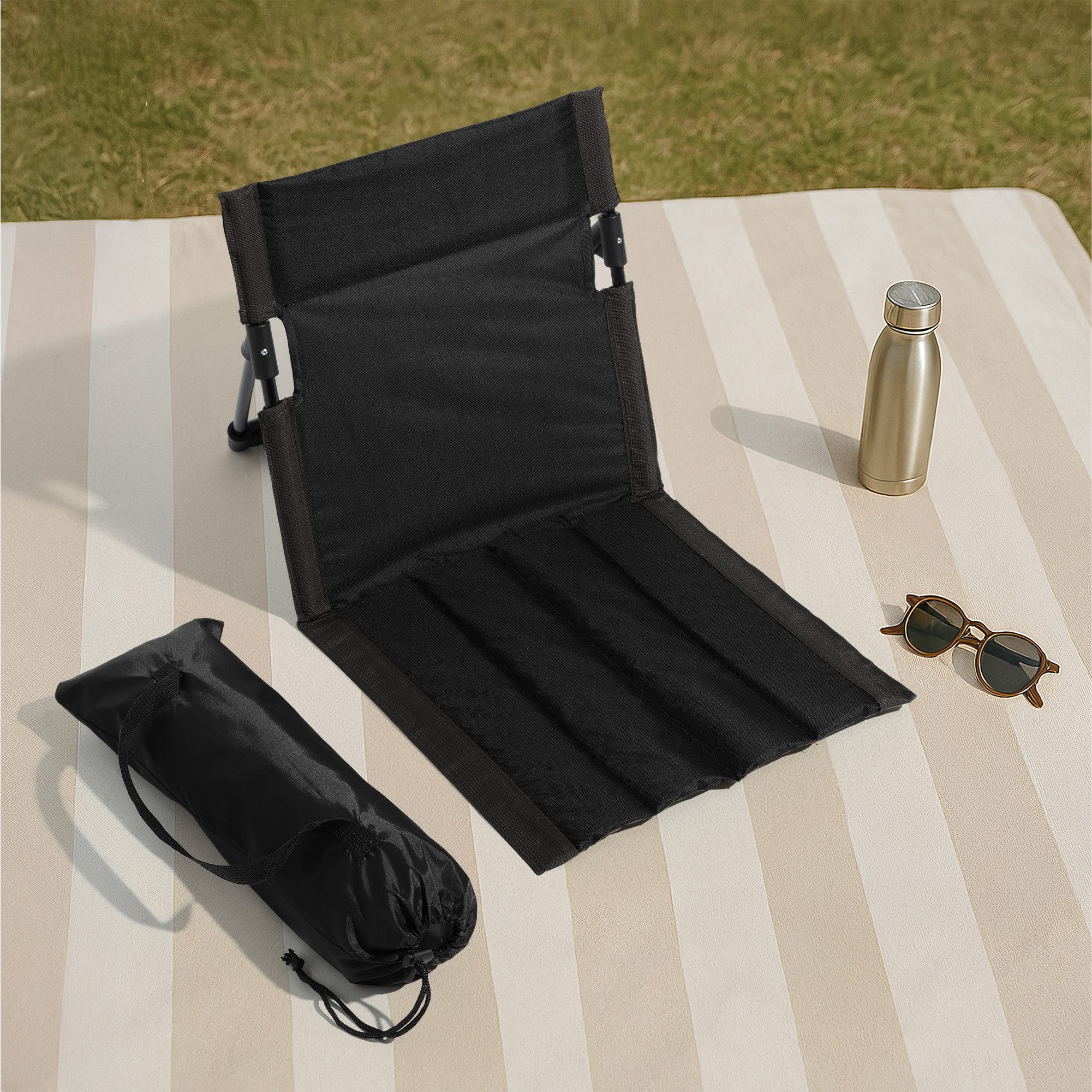 Navaris Strandkorb faltbare Strandmatte mit Rückenlehne Sitzkissen mit Lehne Outdoor, (1-tlg), Strandmatte mit Lehne klappbar Strand Liegematte mit Lehne Schwarz