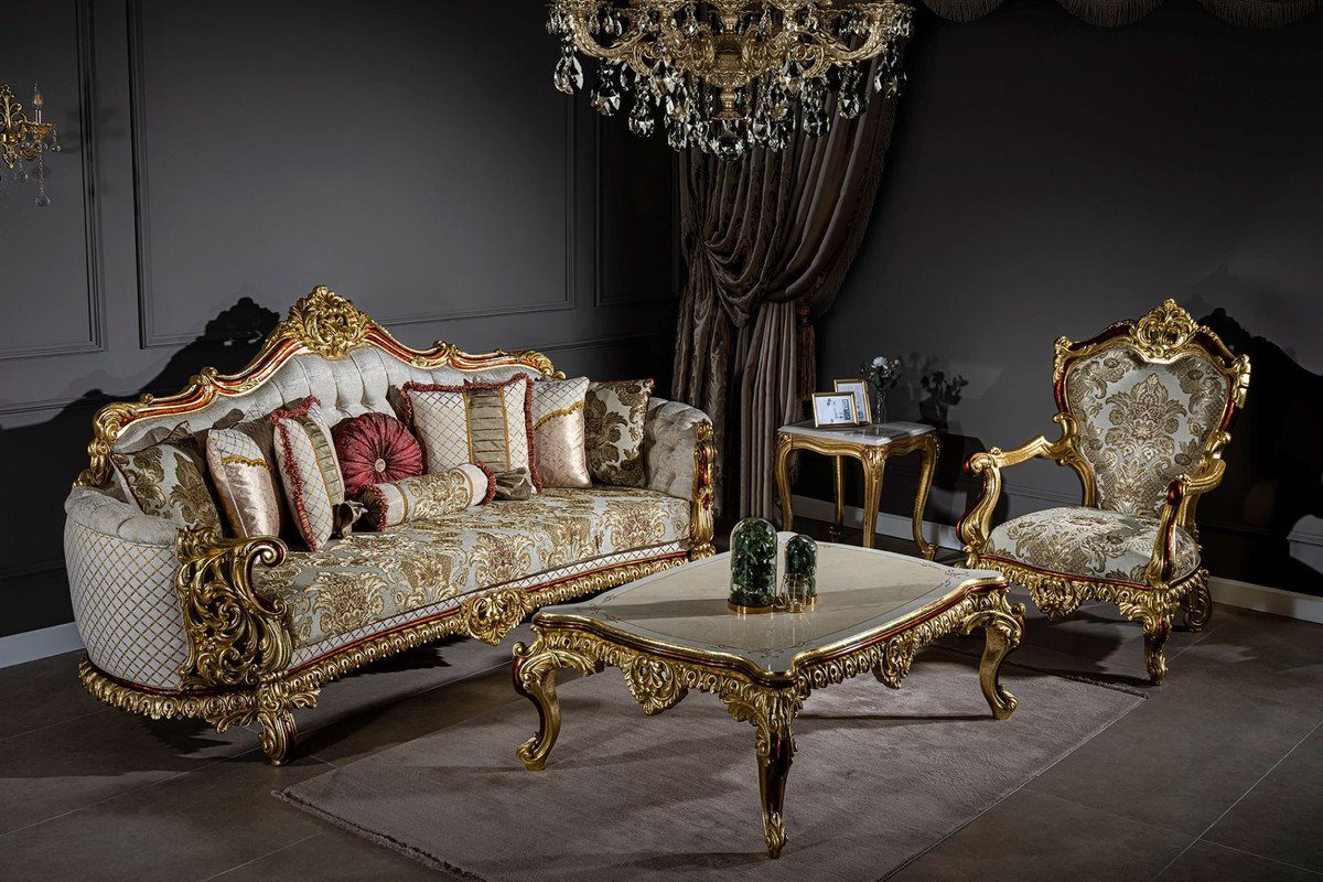 Gold Barock - x Prunkvolle 50 Creme Möbel Luxus - Barock 130 cm / Edler 85 Padrino Wohnzimmertisch / Couchtisch im Massivholz / Rot Couchtisch x Weiß Casa H. Barockstil