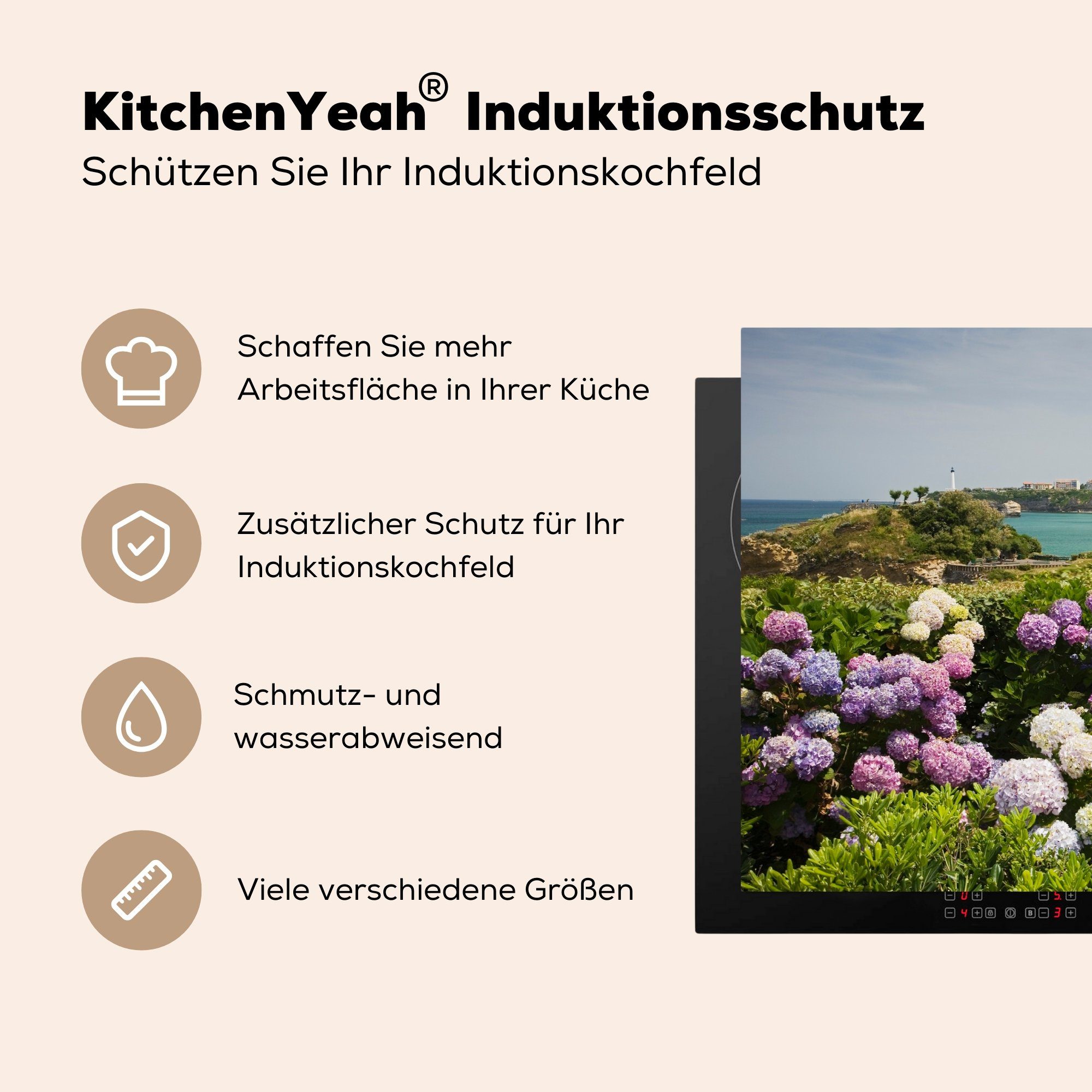 Schutz Hortensien Meer, (1 Induktionskochfeld tlg), die Herdblende-/Abdeckplatte küche, für Ceranfeldabdeckung Vinyl, MuchoWow 71x52 cm, am