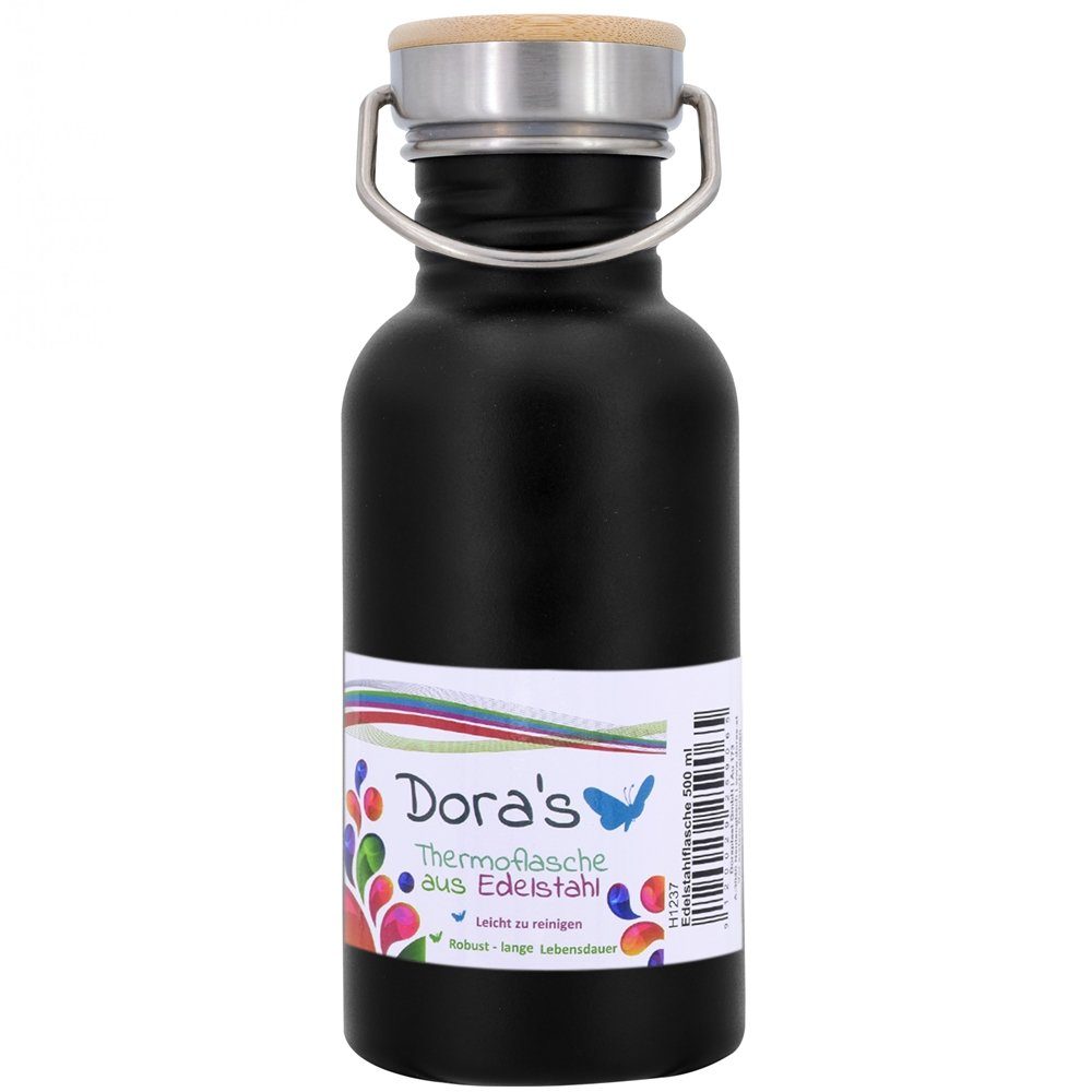 Dora's Trinkflasche Retro Edelstahlflasche 0,5l – Leichte Trinkflasche mit Bambus, verschiedene Farben & Motive - Praktischer Tragebügel