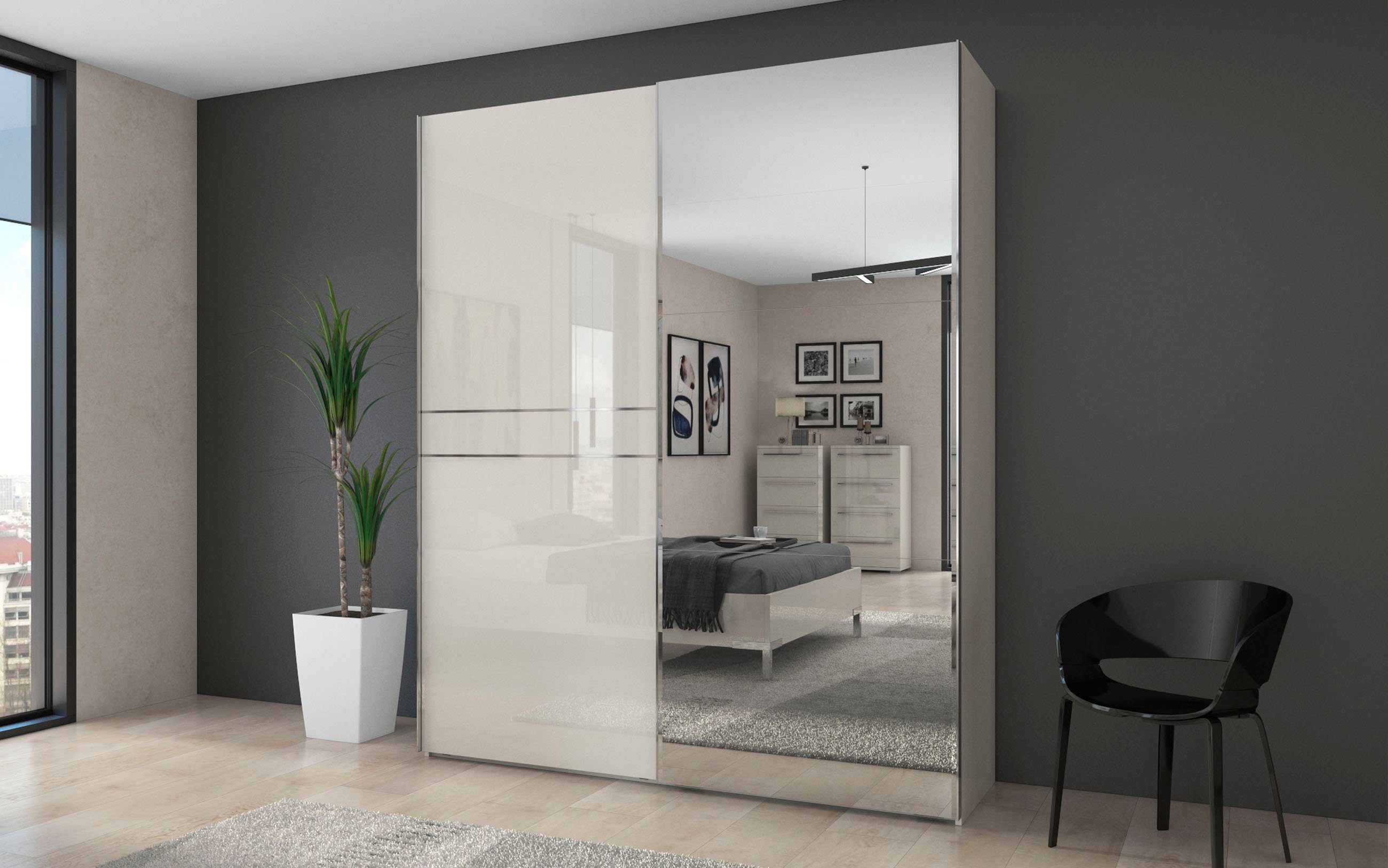 OTTO home Schwebetürenschrank Piano, mit Einlegeböden, Kleiderstangen, Spiegel, Türen soft-close (in 3 Breiten, 224cm hoch, mit verchromten Aufleistungen) mit Spiegeltür, FSC-zertifizierter Holzwerkstoff