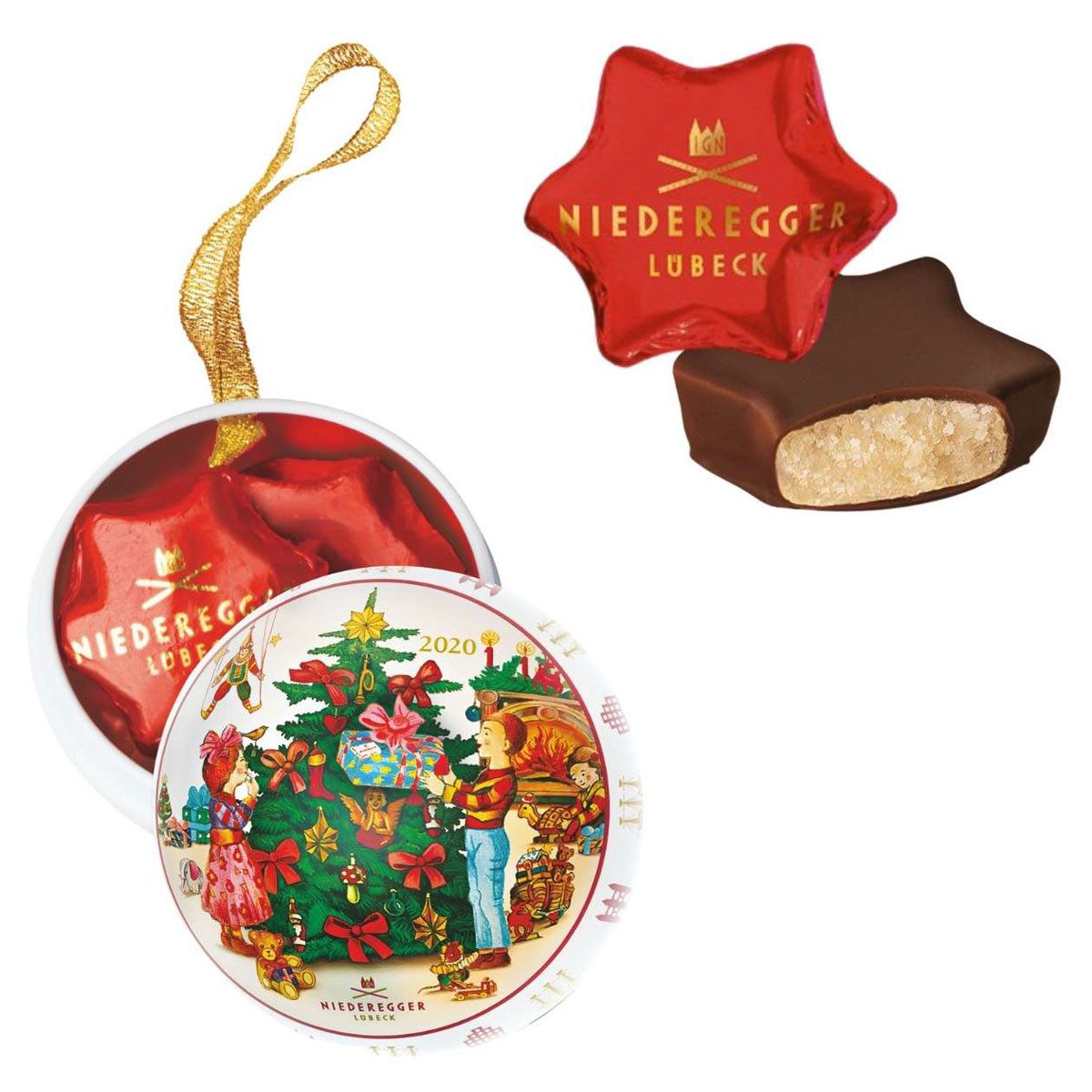 Niederegger Süßigkeit, Niederegger Weihnachtskugel 2020 mit drei Marzipansternen 37g