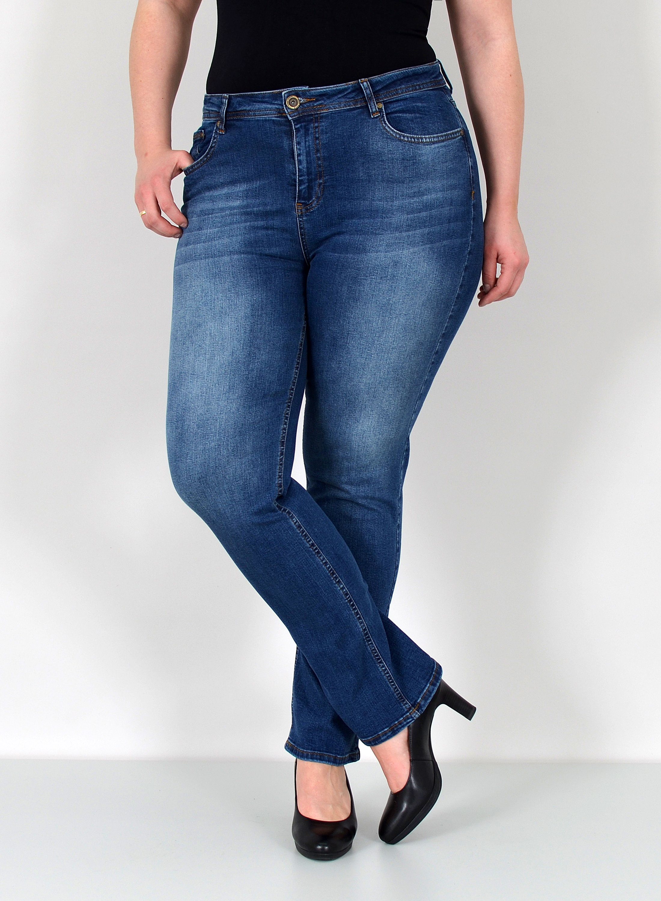 ESRA Straight-Jeans Damen Jeanshose Gerader Schnitt Stretch Hose hoher Bund bis Plus Size Straight Jeans Damen High Waist Hose Stretch Jeans Regular Übergröße