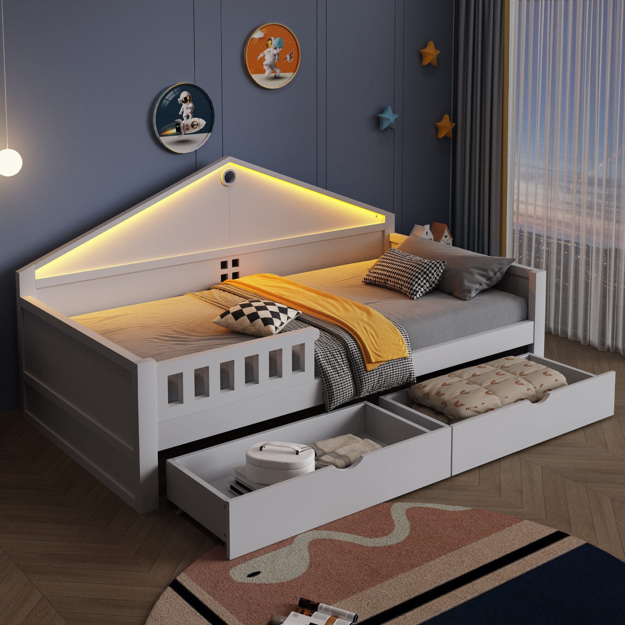 Merax Kinderbett 90×200cm mit LED-Lichtleiste (1-tlg), Jugendbett mit 2 Schubladen & Lattenrost, Kiefer Jugendbett Einzelbett