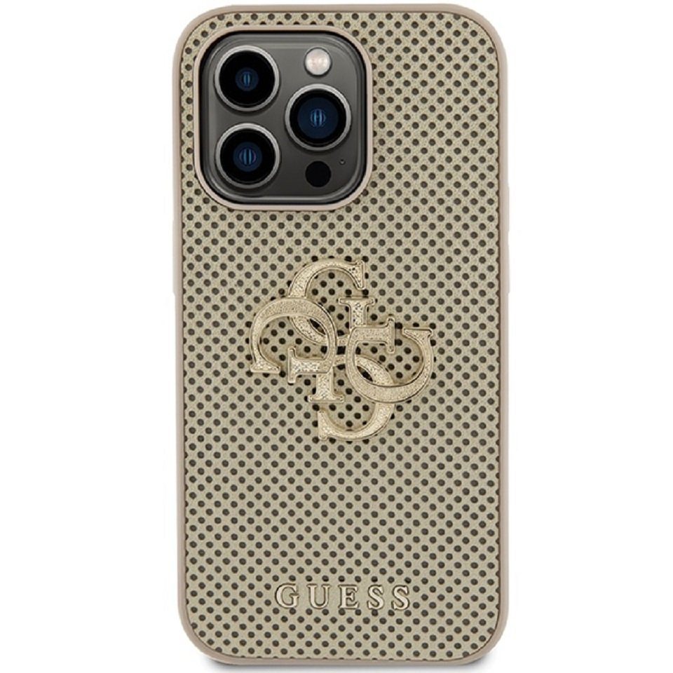 Guess Handyhülle Case iPhone 15 Pro Glitter Kunstleder goldfarben Metallogo 6,1 Zoll, Kantenschutz