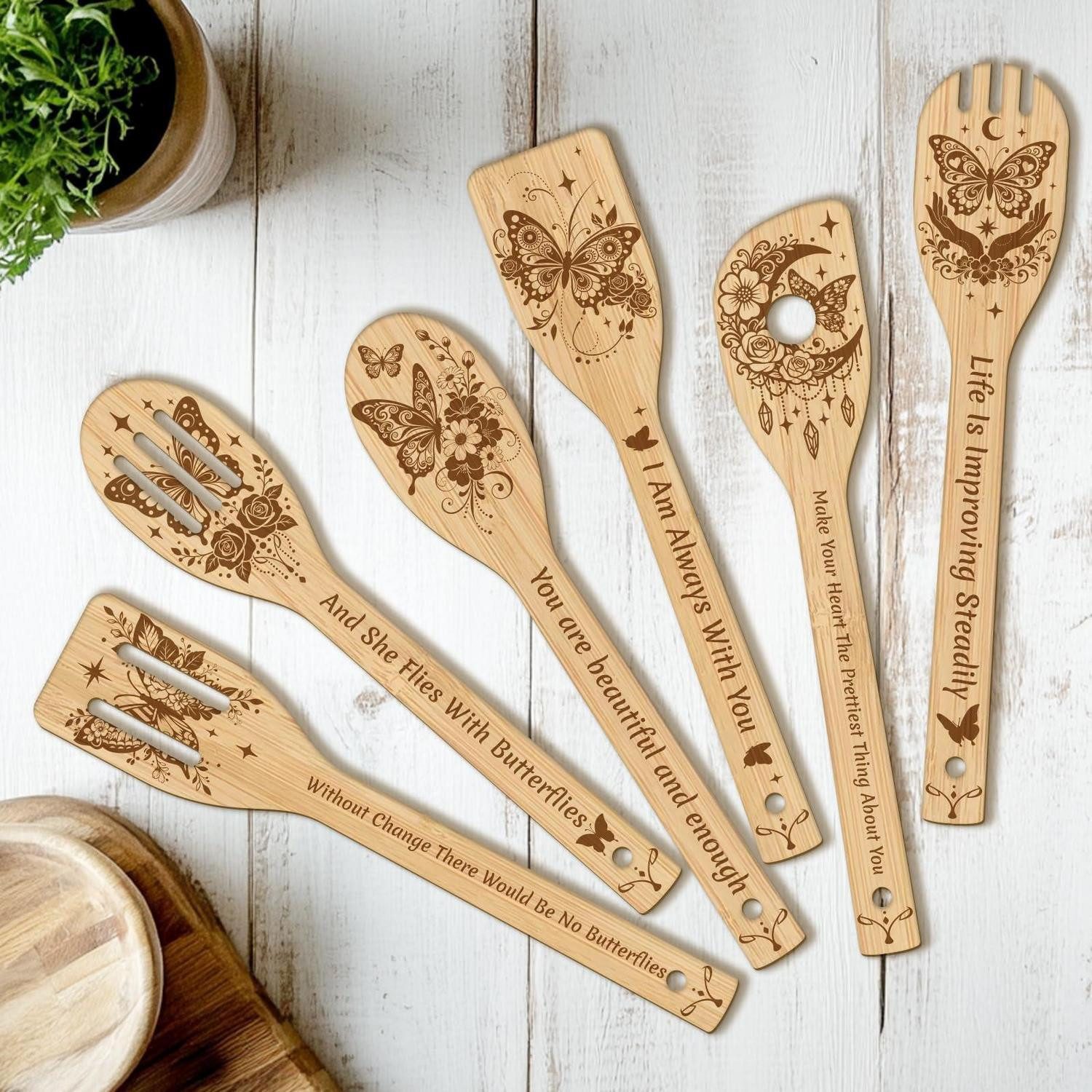 LuxusKollektion Pfannenwender Kochloeffel Holz 6-tlg Schmetterling Blume Motiv