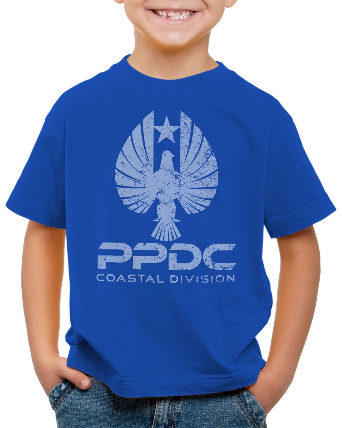 style3 Print-Shirt Kinder T-Shirt Pan Pacific Defense kaiju abwehr blau