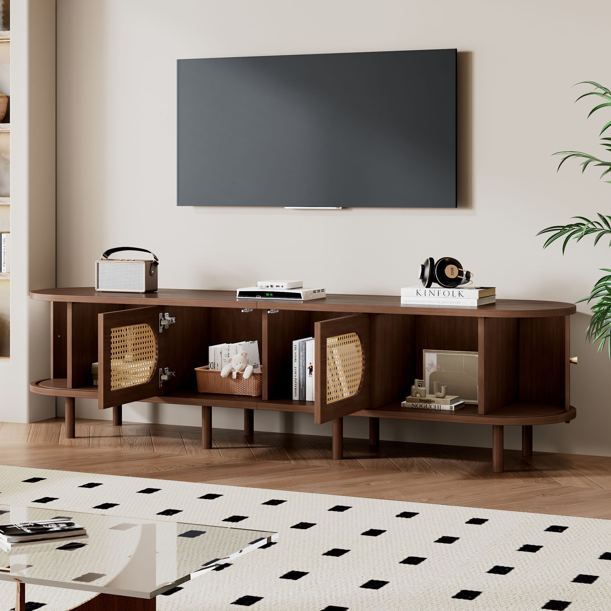STILVORA Lowboard wohnzimmer TV-Ständer mit Stauraum Lowboard Rattan-Design Nussbaum