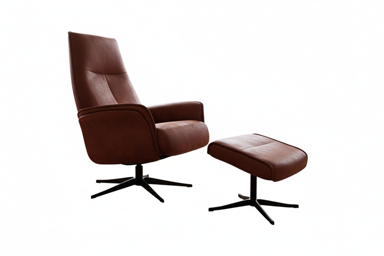 KAWOLA Relaxsessel JOSIANE Lederfaserstoff cognac Komfort Drehsessel, 360° drehbar, Relaxfunktion, Kopfstütze, inklusive Fußhocker