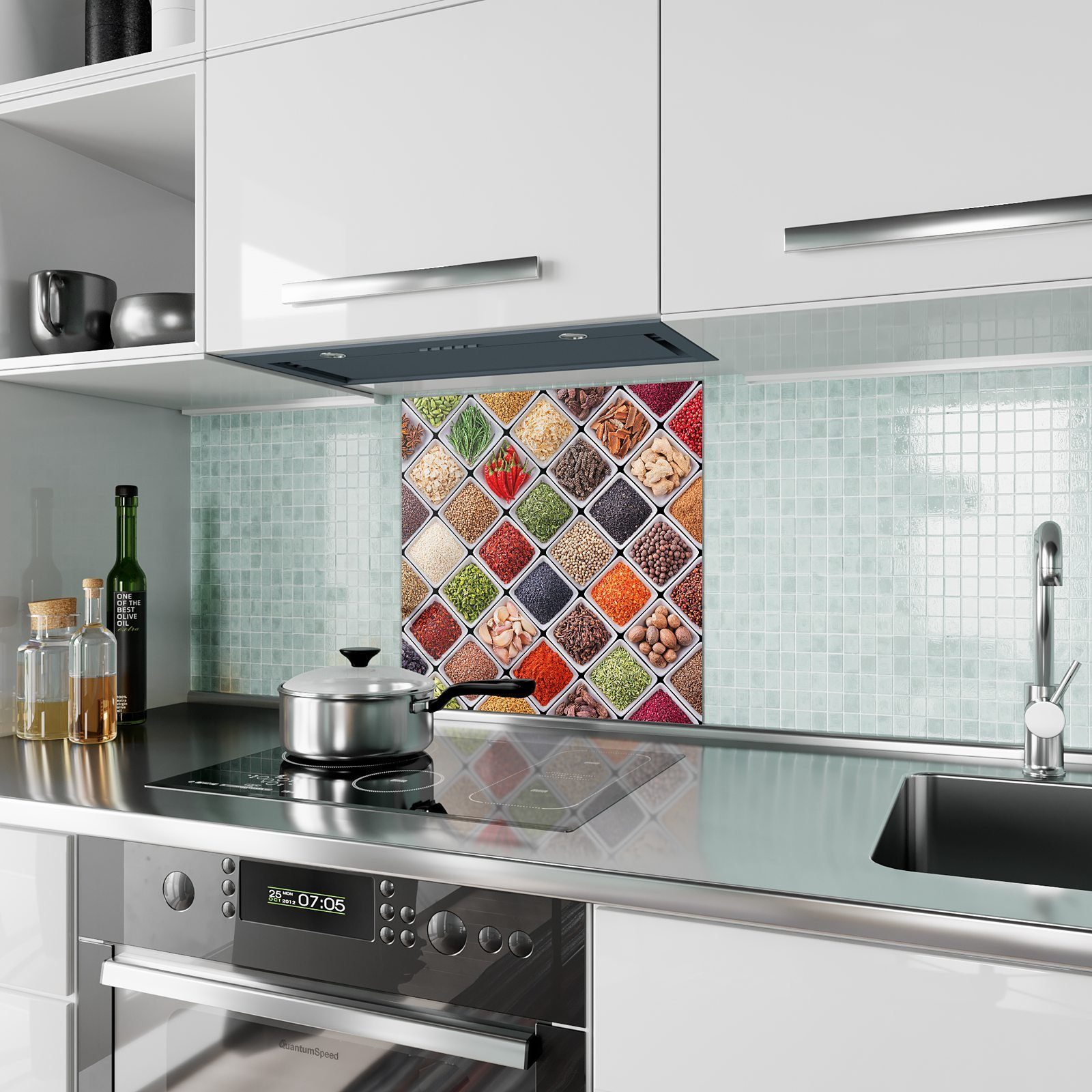 Motiv mit Gewürzboxen Primedeco Spritzschutz Glas Küchenrückwand Küchenrückwand