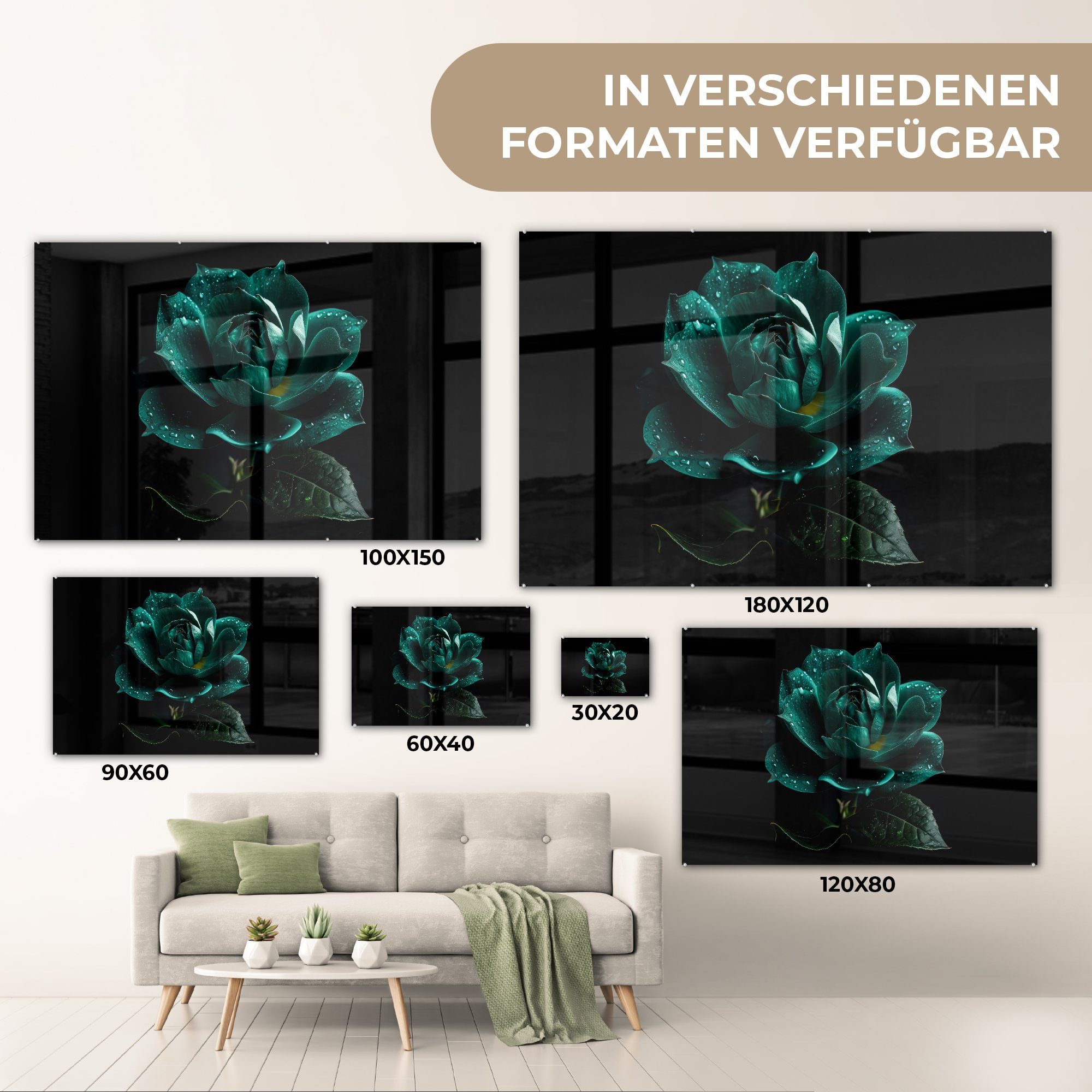 MuchoWow Acrylglasbild Blumen - Wanddekoration - Foto Glasbilder Schwarz, Rosen - - (1 auf Wandbild Bilder - Glas Blau Porträt - Glas St), auf 