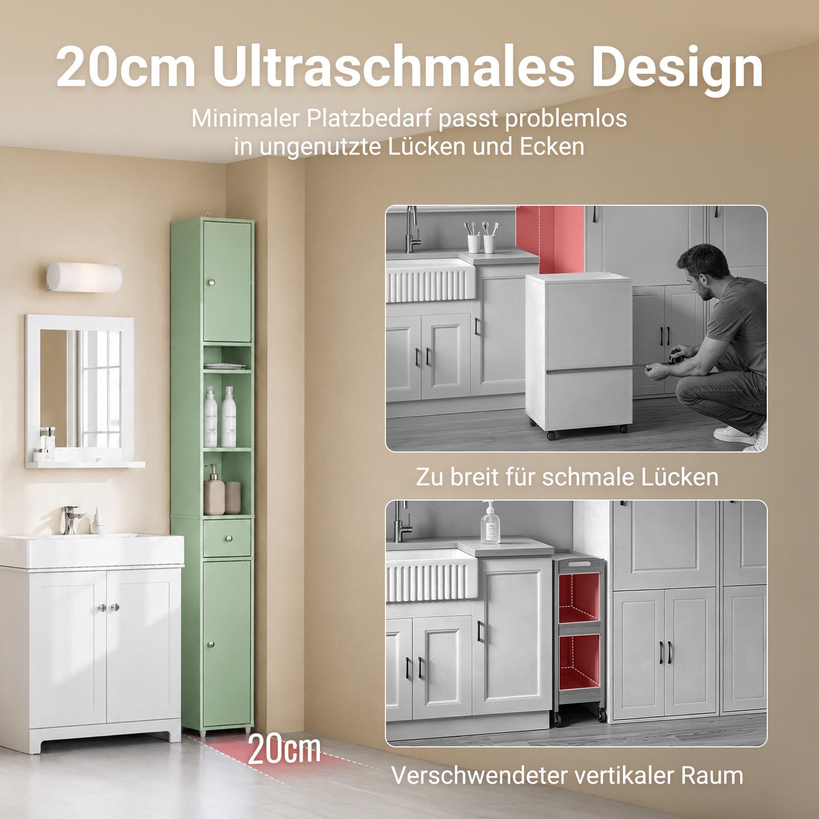 SoBuy Hochschrank BZR34 Badezimmerschrank Hochschrank Schmal Badschrank für kleine Bäder Badkommode, mit verstellbare Ablagen Platzsparender, Waschbecken, WC