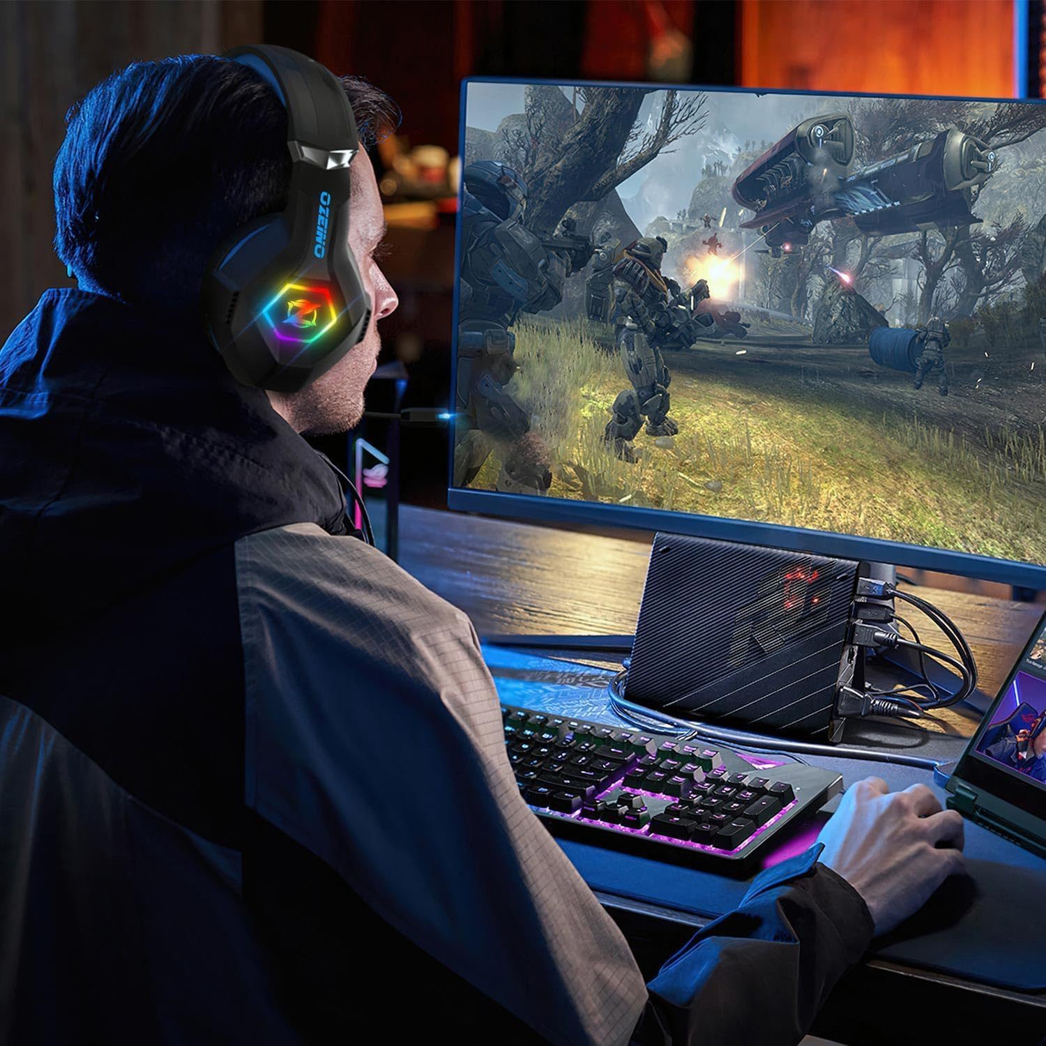 ozeino 3D Surround Sound Kopfhörer mit Mikrofon für Konsolen Gaming-Headset (Erlebe kristallklaren 3D Surround Sound für präzise Audioerlebnisse bei jedem Spiel auf PS5 und PC., Noise Cancelling Headset mit RGB Licht für PC und Laptop)