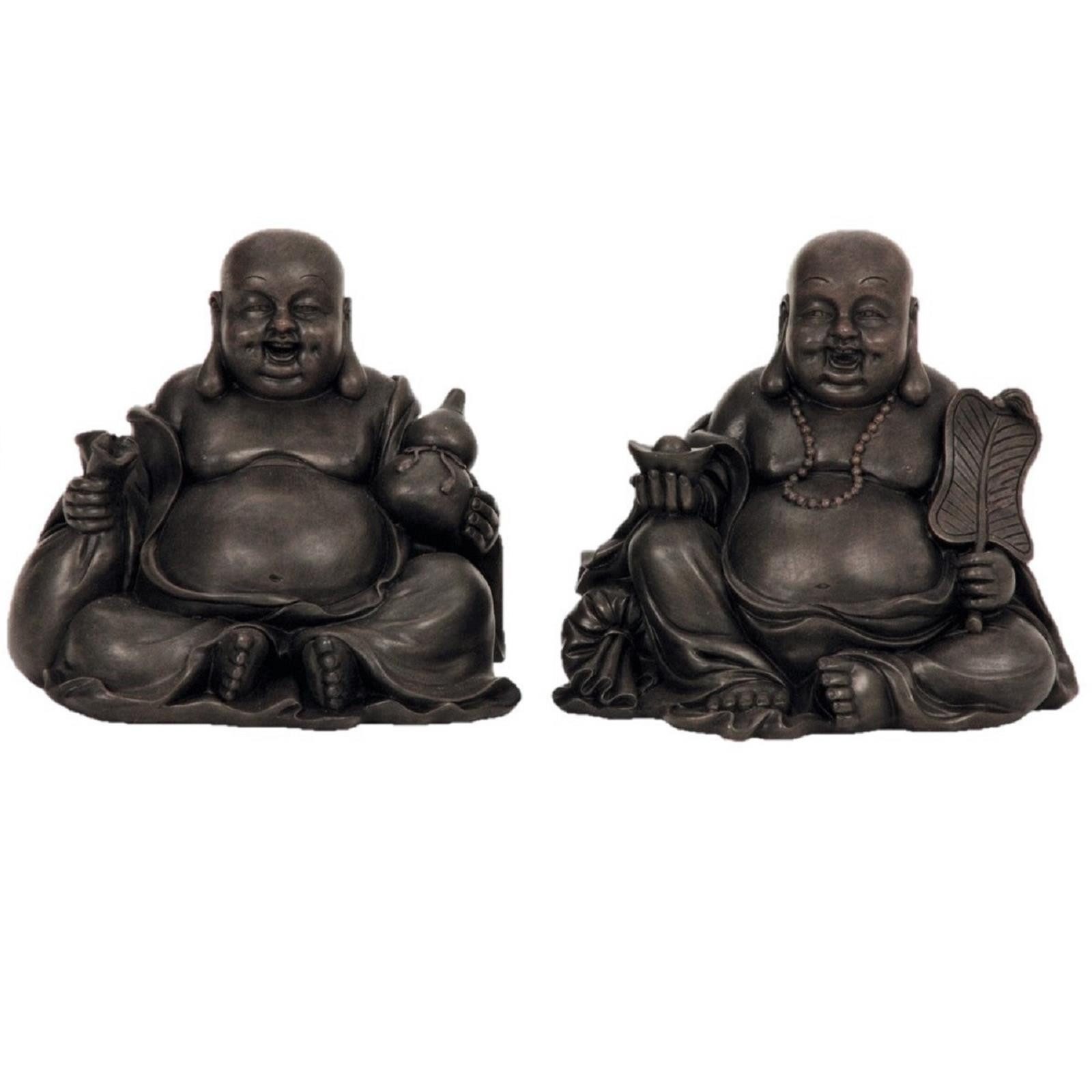 Geschenkestadl Buddhafigur 2 Buddha Figuren Set lachender Buddha Anthrazit Deko Glück Harmonie (Spar-Set, 2 er Set Buddha), Symbolik Glück, Harmonie, Wohlstand, innere Gelassenheit