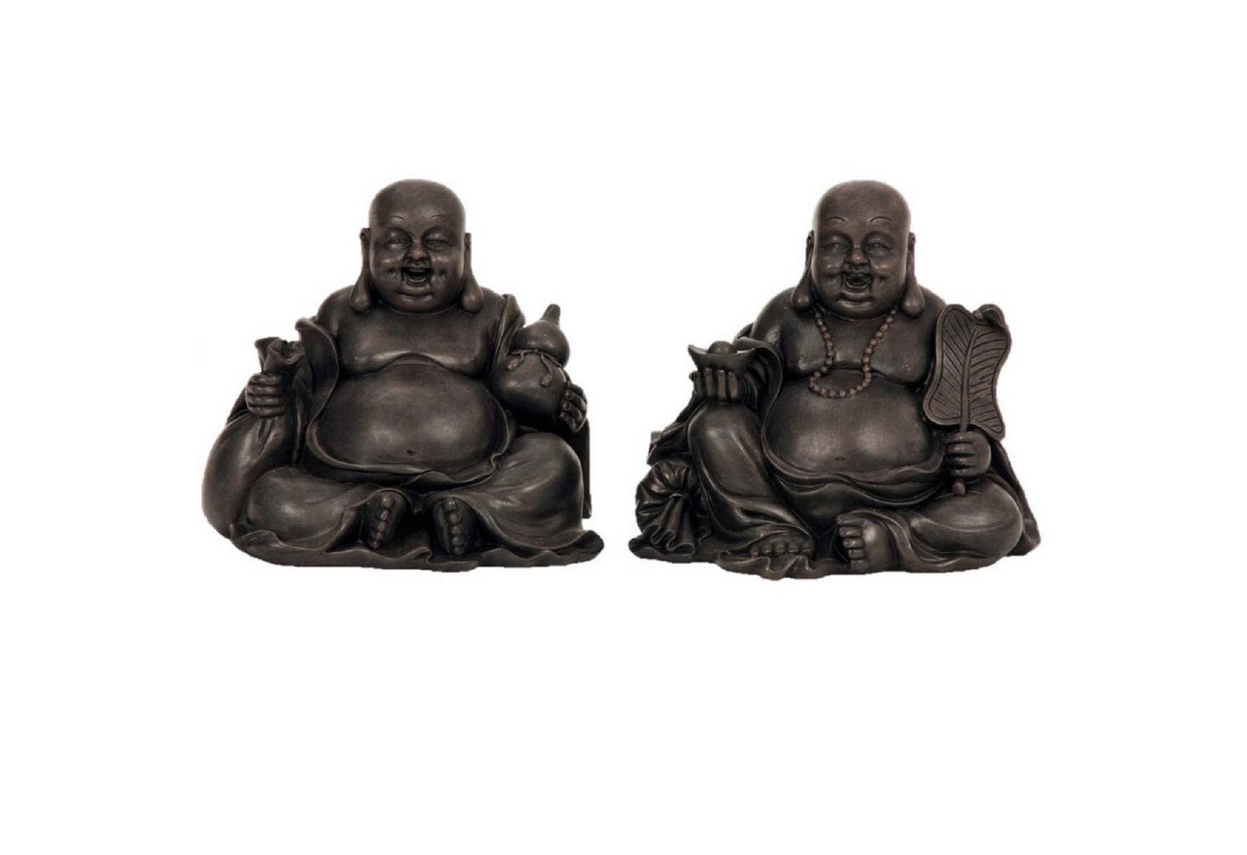 Geschenkestadl Buddhafigur 2 Buddha Figuren Set lachender Buddha Anthrazit Deko Glück Harmonie (Spar-Set, 2 er Set Buddha), Symbolik Glück, Harmonie, Wohlstand, innere Gelassenheit