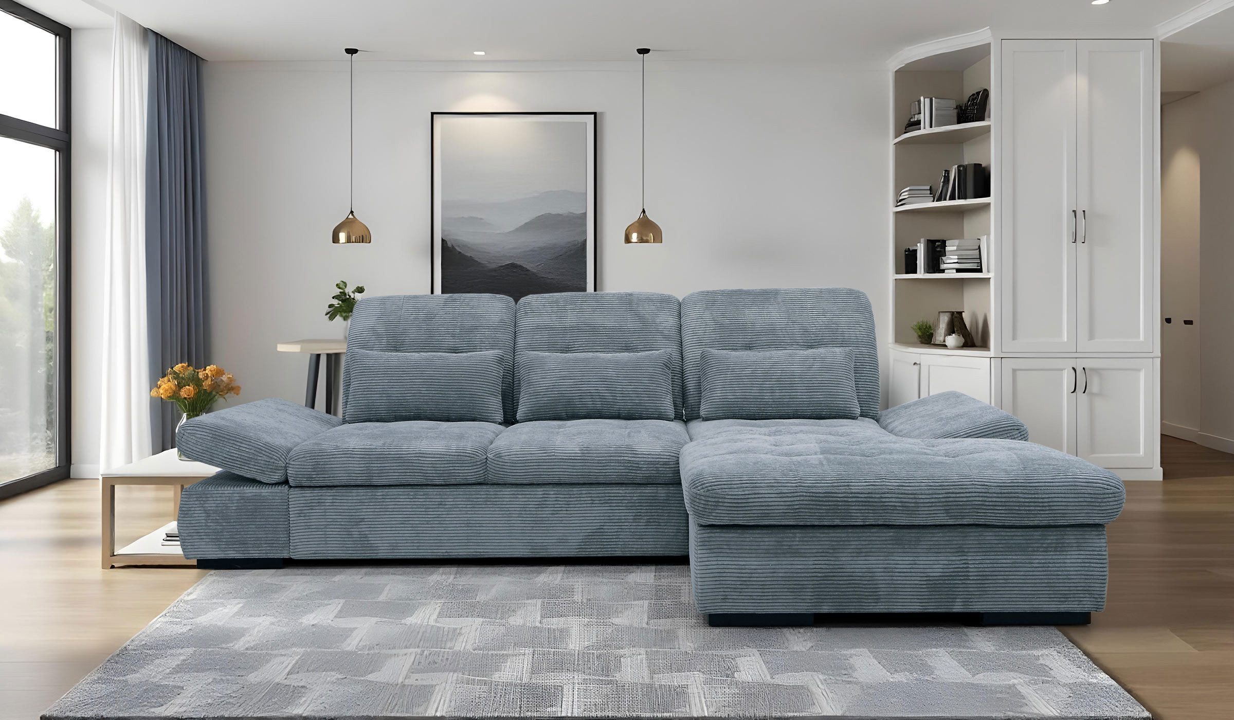 Hygger Möbelhaus Ecksofa Oregon L-Form, Sitztiefenverstellung, Arm- und Kopfteilverstellung, Wahlweise mit Bettfunktion und Bettkasten, Inklusive 3 Nierenkissen, Hergestellt in Europa