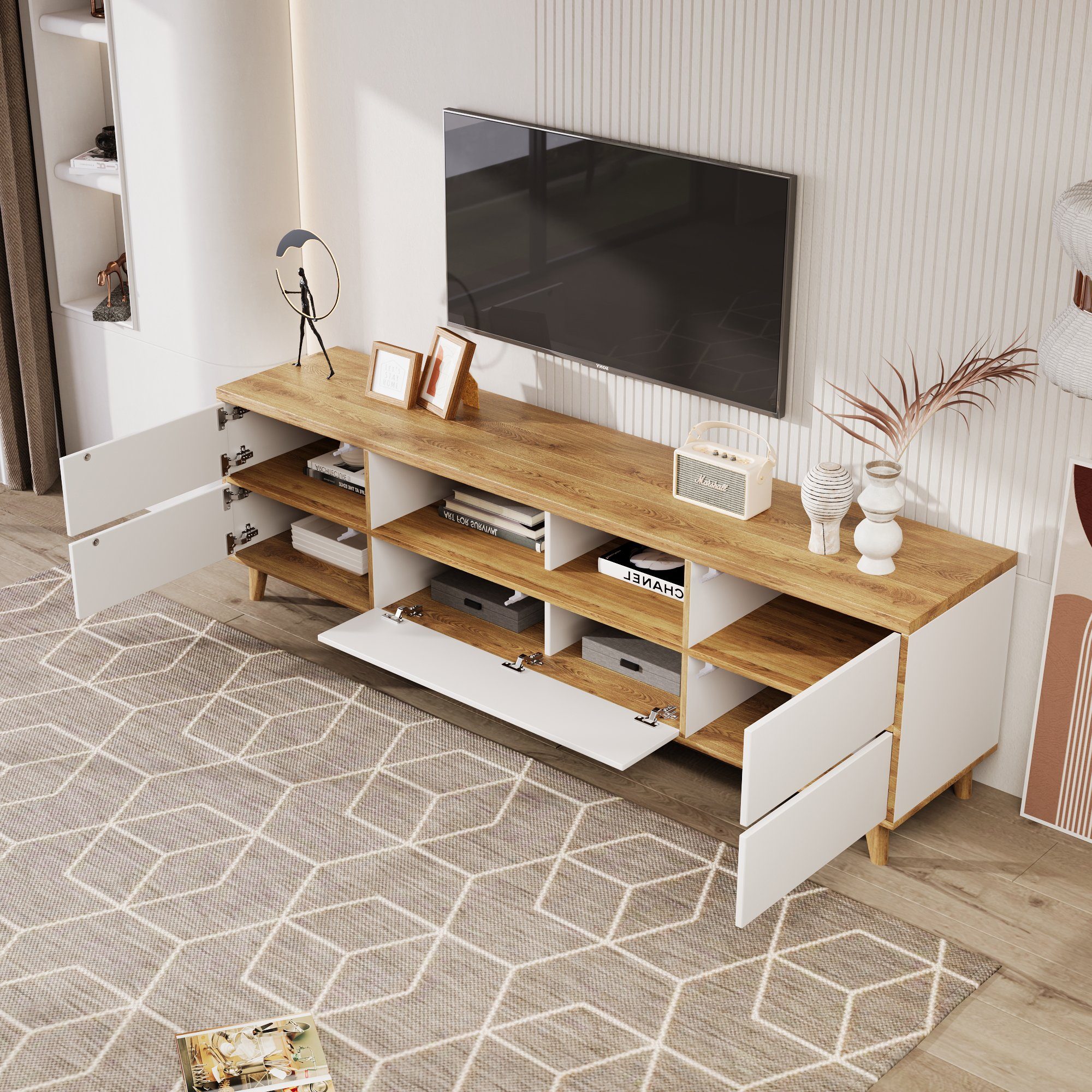 Odikalo TV-Schrank langer Schrank Lowboard mit Fächern Türen natürlich Landhausstil Weiß