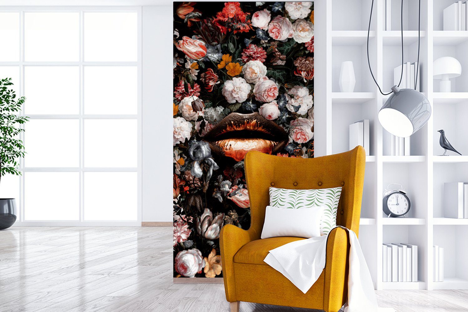MuchoWow Fototapete Lippen - - Schlafzimmer - Fototapete Meister, Alte bedruckt, Orange - Vliestapete Küche, für Kunst Matt, St), Wohnzimmer - - Farbe Blumen (2 Abstrakt