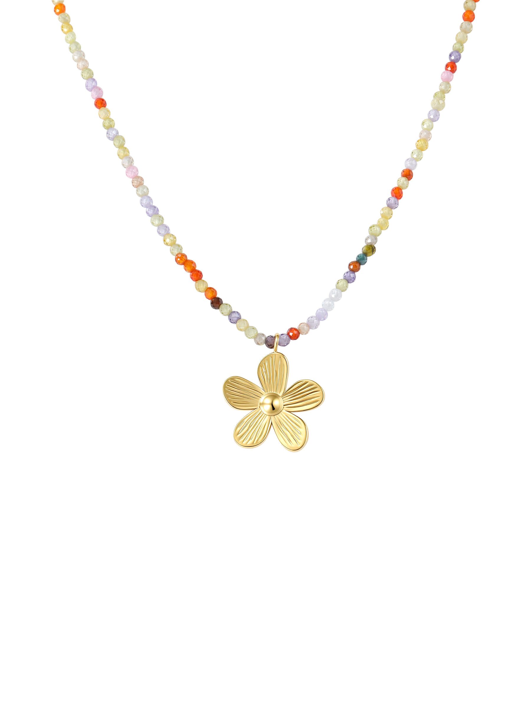 Hey Happiness Perlenkette Bunt mit Blumenanhänger – Edelstahl Damen Halskette vergoldet, verstellbarer Boho-Schmuck für Sommer & Strand