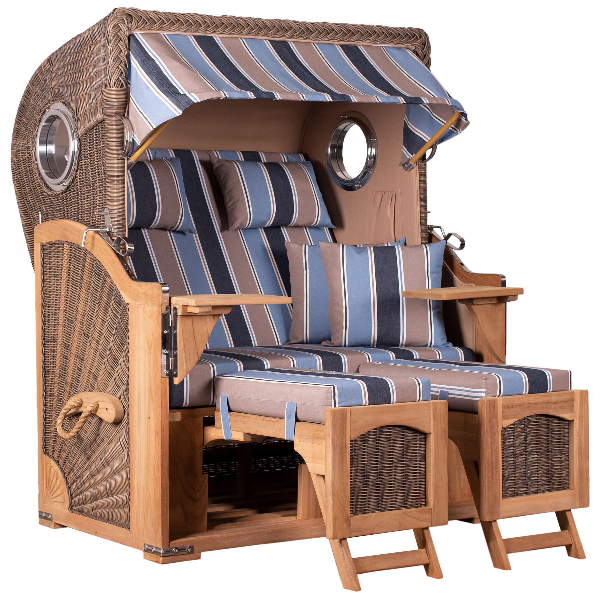 MR.DEKO Strandkorb Düne 2-Sitzer Teak Bullauge wetterfest PE-Geflecht grey, BxTxH: 125x80x170 cm, Düne, Düne, (Fertig montierter Strandkorb für Garten, Terrasse & Balkon), Wetterfester Volllieger mit Edelstahlbeschlägen & waschbaren Polstern