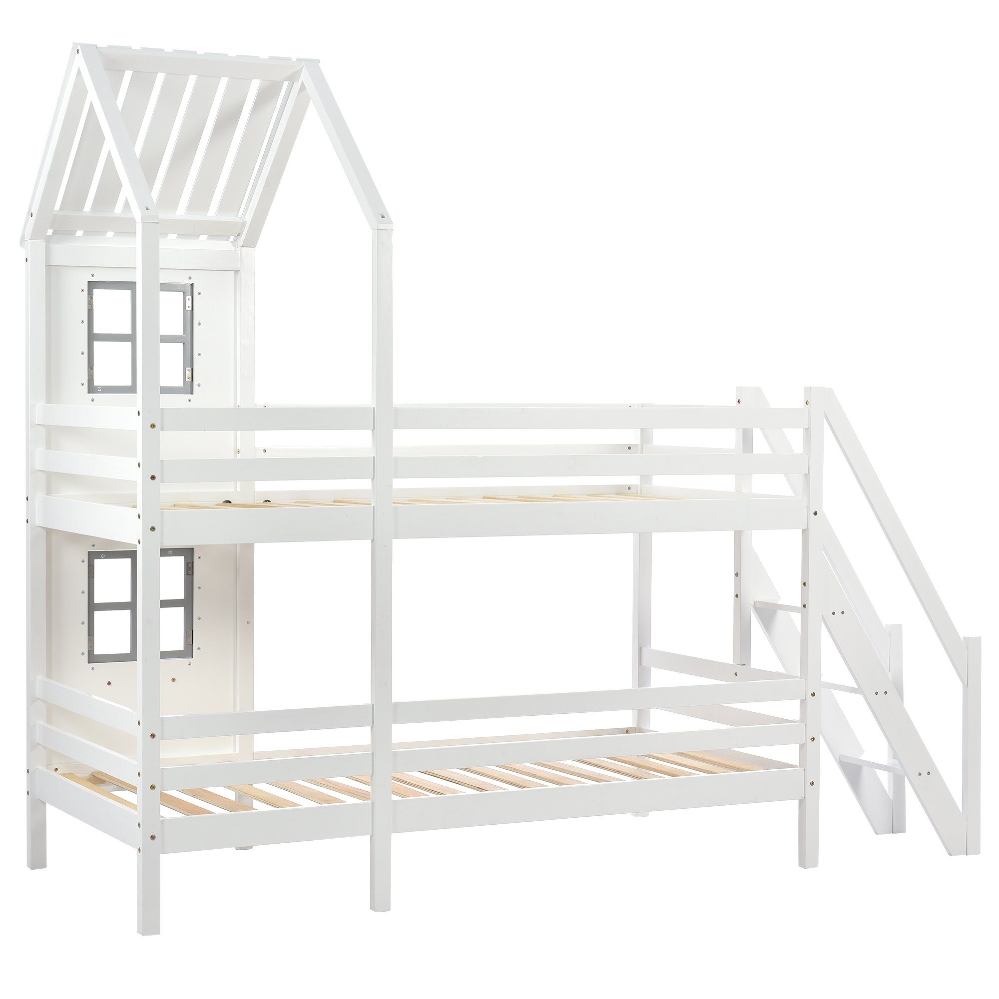 Flieks Etagenbett, Hausbett mit Fallschutz weiß Leiter 90x200cm Kiefer Kinderbett