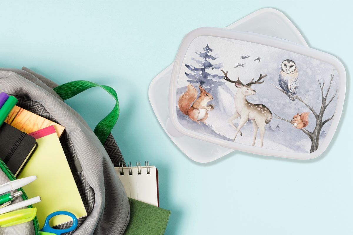 MuchoWow Lunchbox Winter - Schnee Mädchen Erwachsene, für Jungs - Kinder und Kunststoff, Brotbox für Hirsche, weiß (2-tlg), Brotdose, und