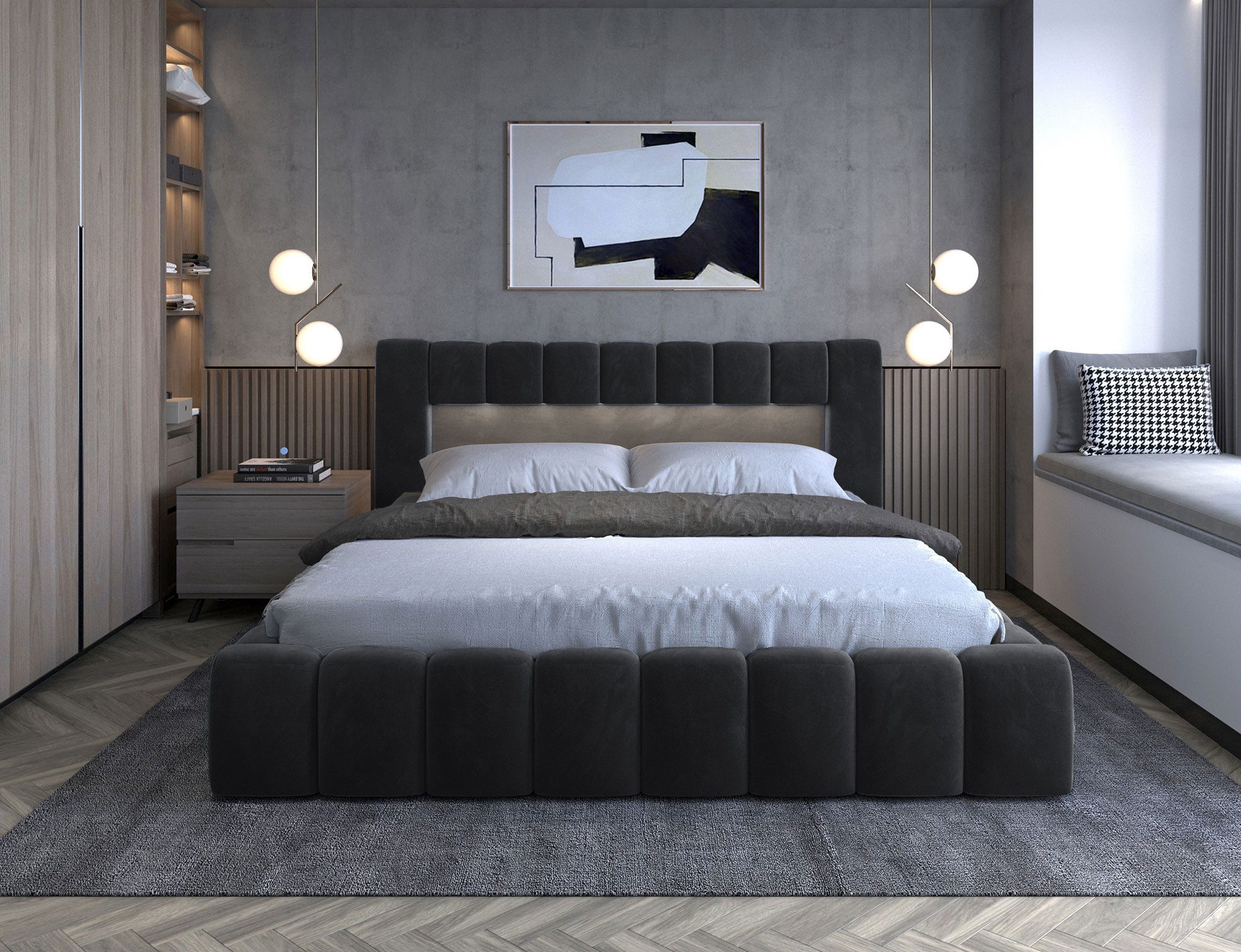 Lukas Möbel Polsterbett Doppelbett Mika Polsterbett mit Bettkasten Lattenrost u. LED (Bett mit Lattenrost), mit Lattenrost Bettkasten und LED