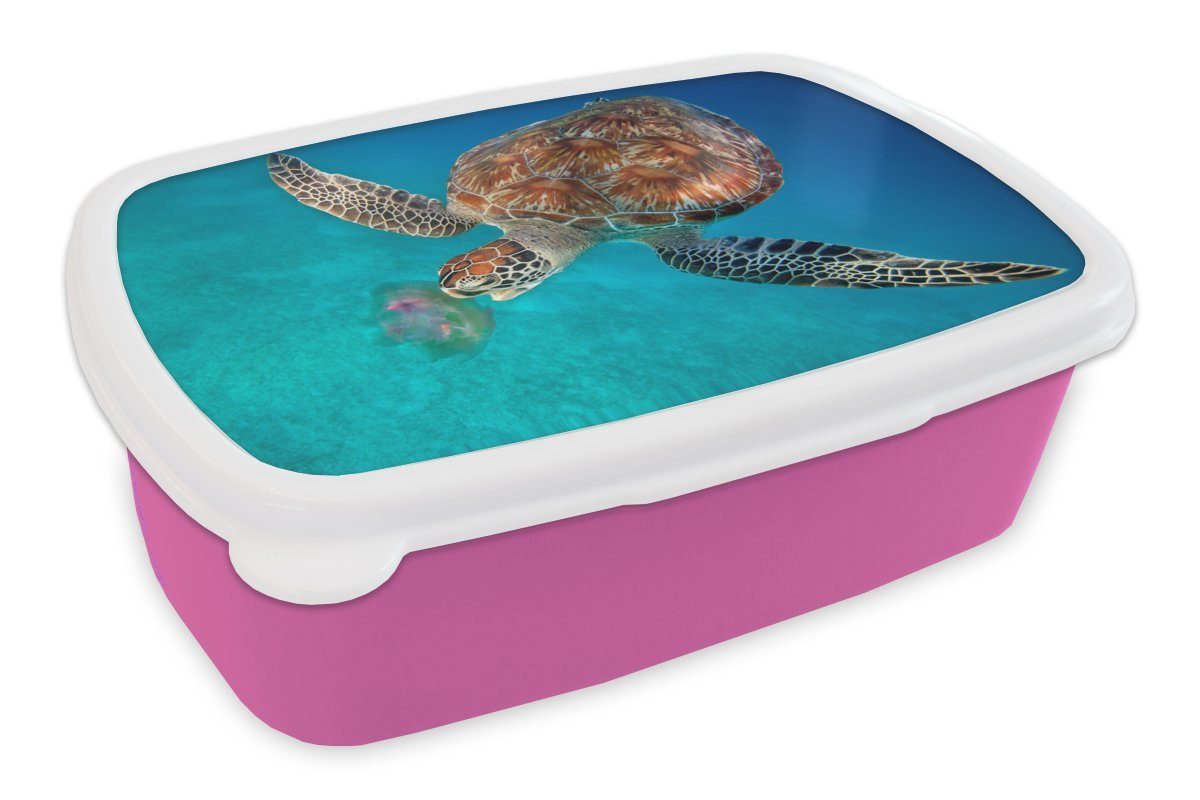 MuchoWow Lunchbox Grüne Schildkröte mit Qualle, Kunststoff, (2-tlg), Brotbox für Erwachsene, Brotdose Kinder, Snackbox, Mädchen, Kunststoff rosa