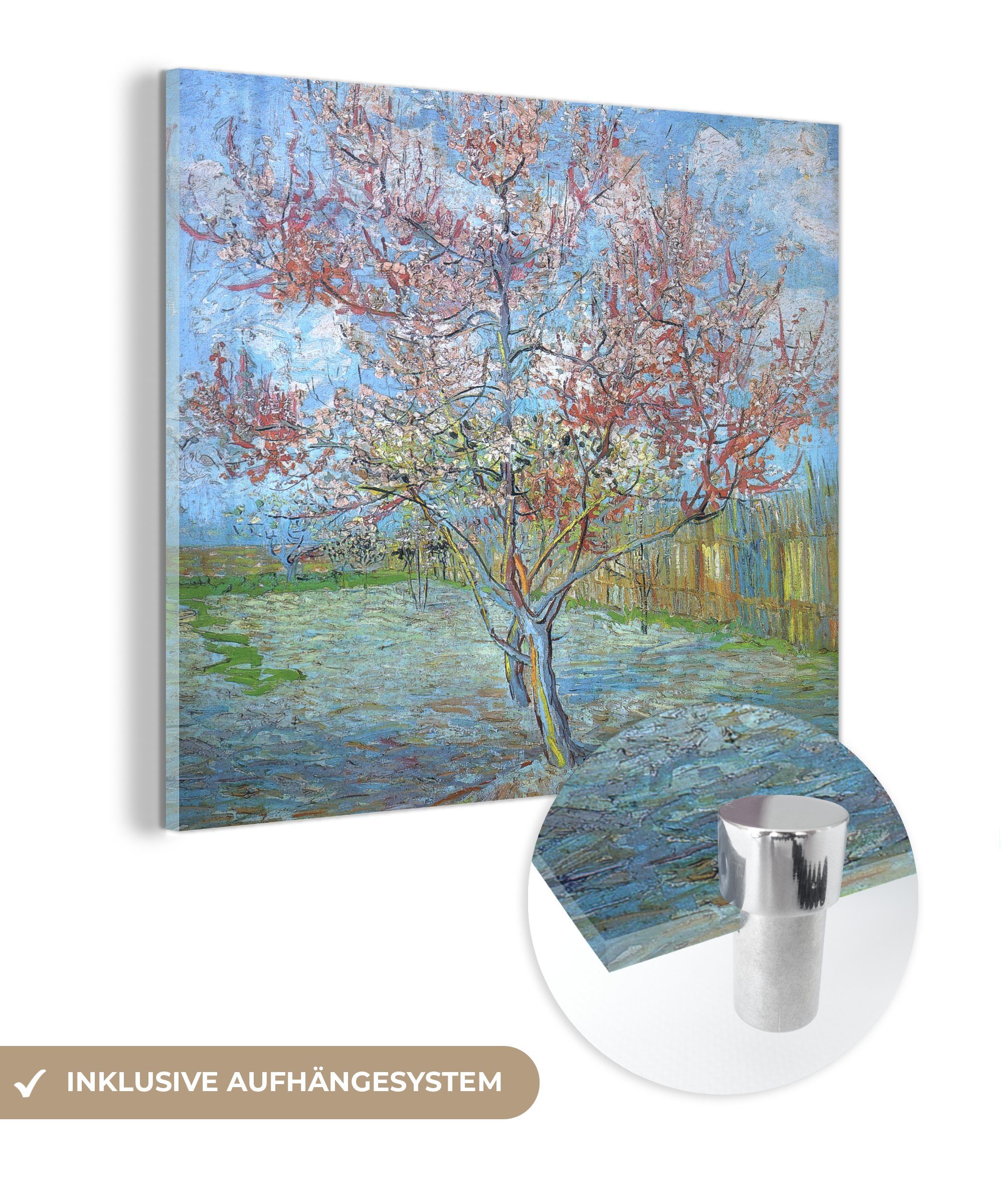 MuchoWow Acrylglasbild Der rosa Glasbilder Gemälde Foto Vincent St), Gogh, - - auf - Bilder Glas Wanddekoration - van Pfirsichbaum von auf Wandbild (1 Glas