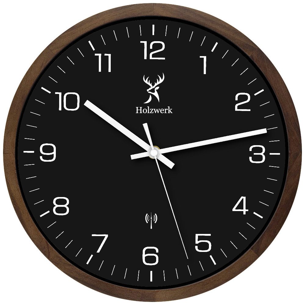 Holzwerk Funkwanduhr Designer Holz Funk Wand Uhr (Nahezu lautloses Uhrwerk, analog, 30 cm)