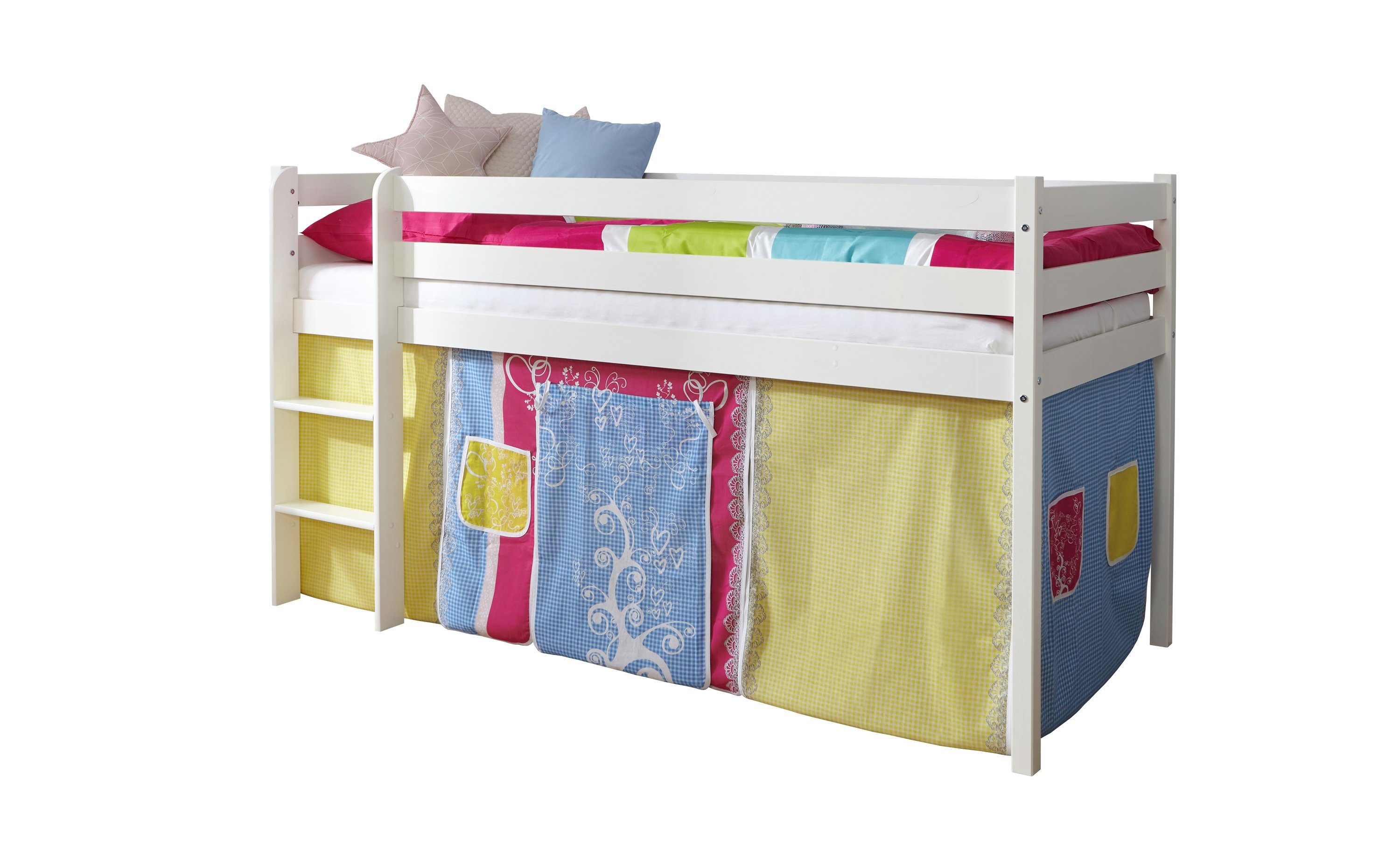 Ticaa Hochbett Hochbett Kiefer Weiß Vorhang "Bunt"