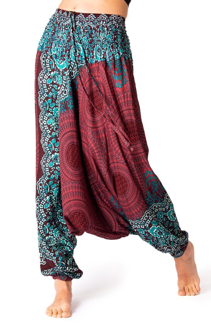PANASIAM Haremshose Aladinhose im schönen Peacock Design Haremshose aus 100% natürlicher Viskose auch als Overall tragbar Damen Pumphose bequeme Freizeithose