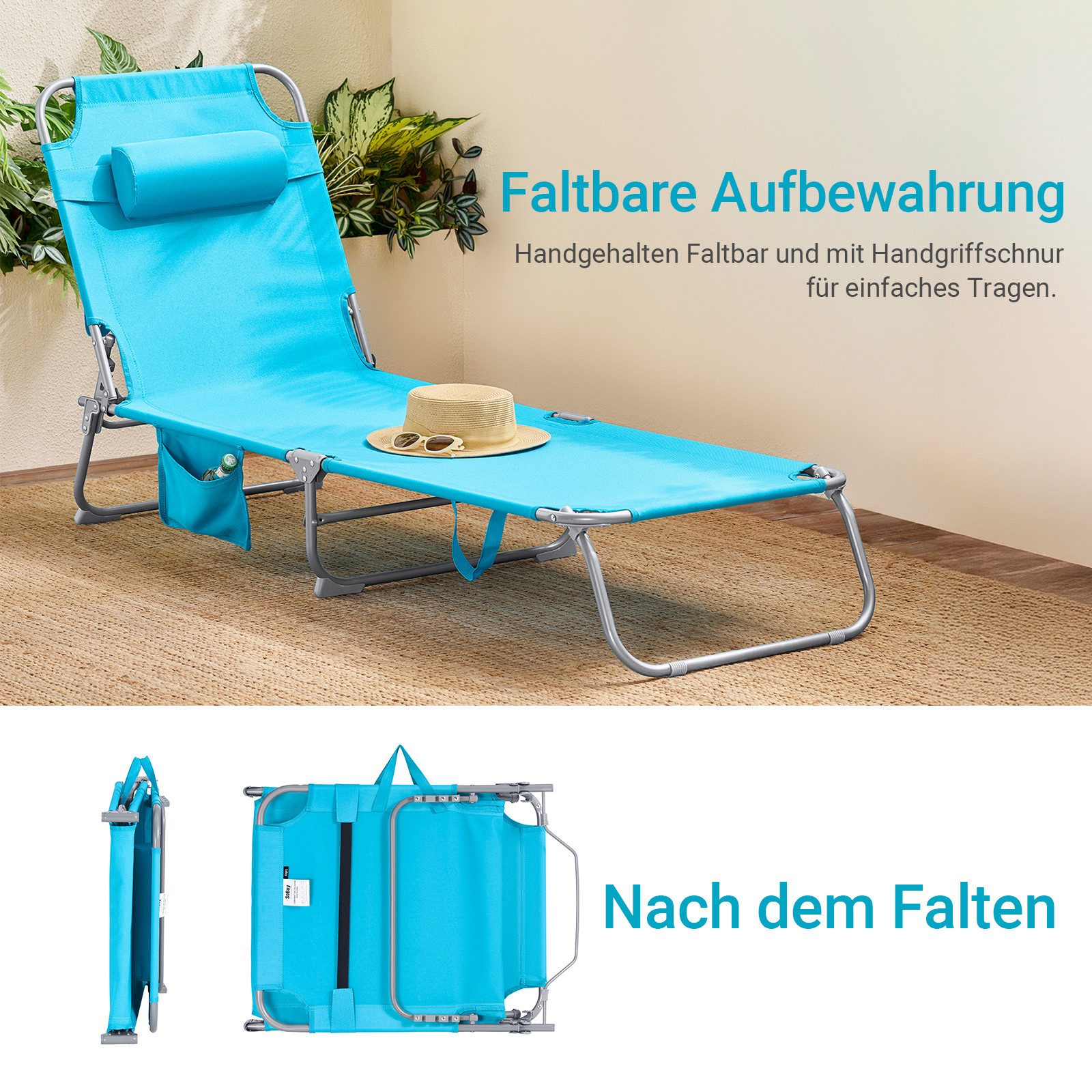SoBuy Gartenliege Sonnenliege klappbar, Liegestuhl Relaxliege Gartenmöbel Terrasse, Große Sonnenliege, klappbarer Liegestuhl, mit Kopfstütze, verstellbar – Bild 2 von 5