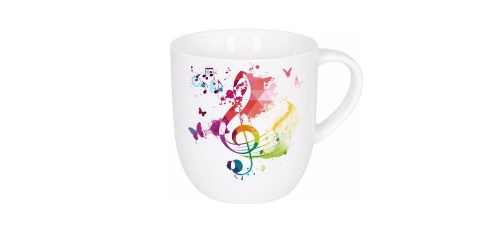 Könitz Becher, Porzellan, weiße Tasse "On Colour Music", bunter Violinschlüssel