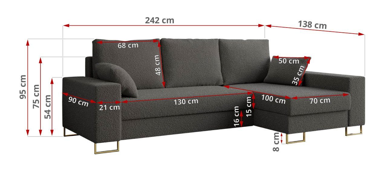 Couch DORIAN, Bettkasten L-Form Now MÖBEL Never Dunkelgrau MKS mit Schlaffunktion Ecksofa und or