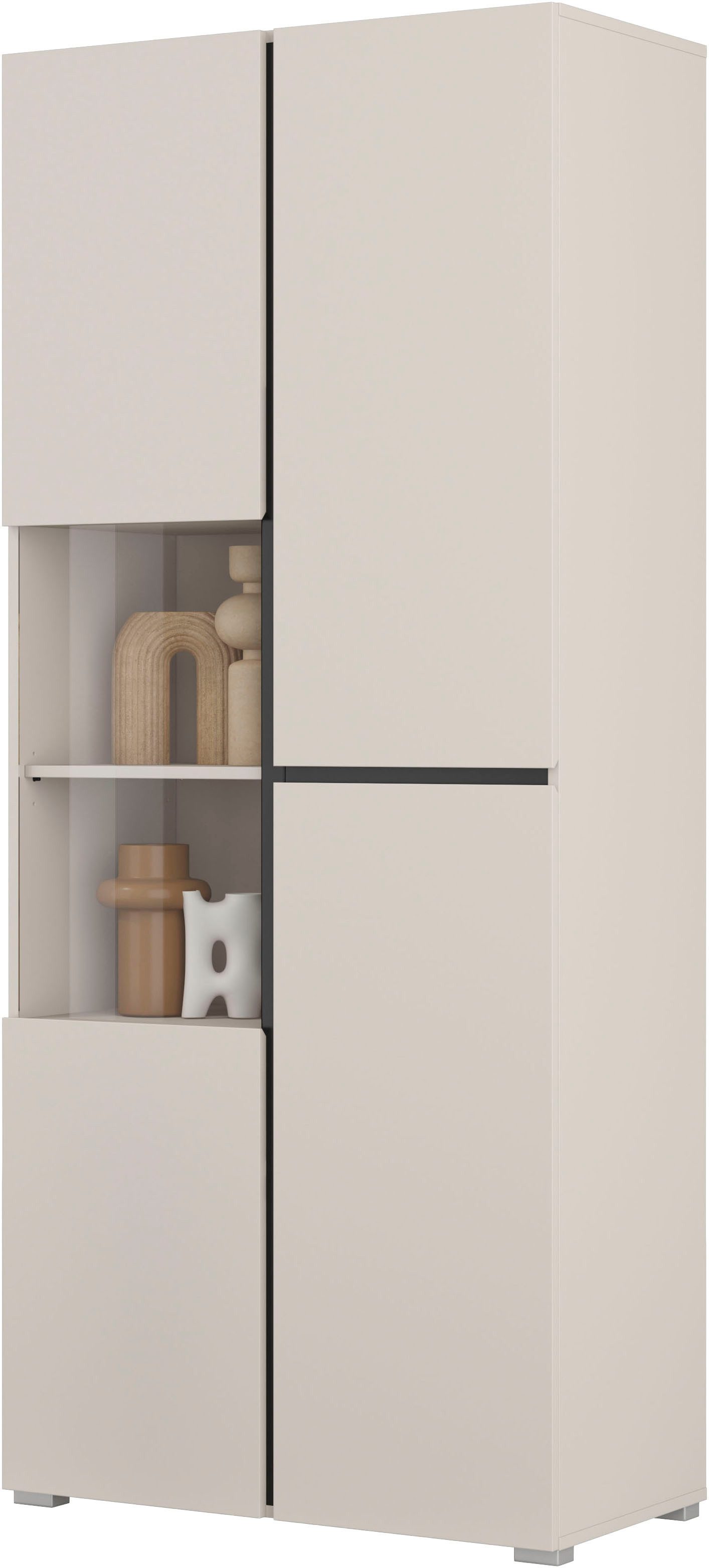 OTTO home Vitrine Cross, Höhe 183,5 cm, moderne grifflose Standvitrine mit 3 Türen Hochschrank mit viel Stauraum, Glastür und verstellbaren Einlegeböden