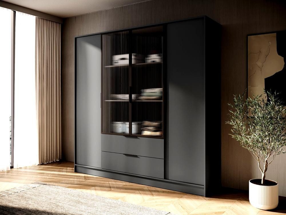 Goldstoff Kleiderschrank NADI - 220 cm breit 4-türiger Kleiderschrank (4 Farben, 4 Designs, mit oder ohne LED für Schlafzimmer & Garderobe) mit Spiegel Schiebetür groß weiß oder schwarz