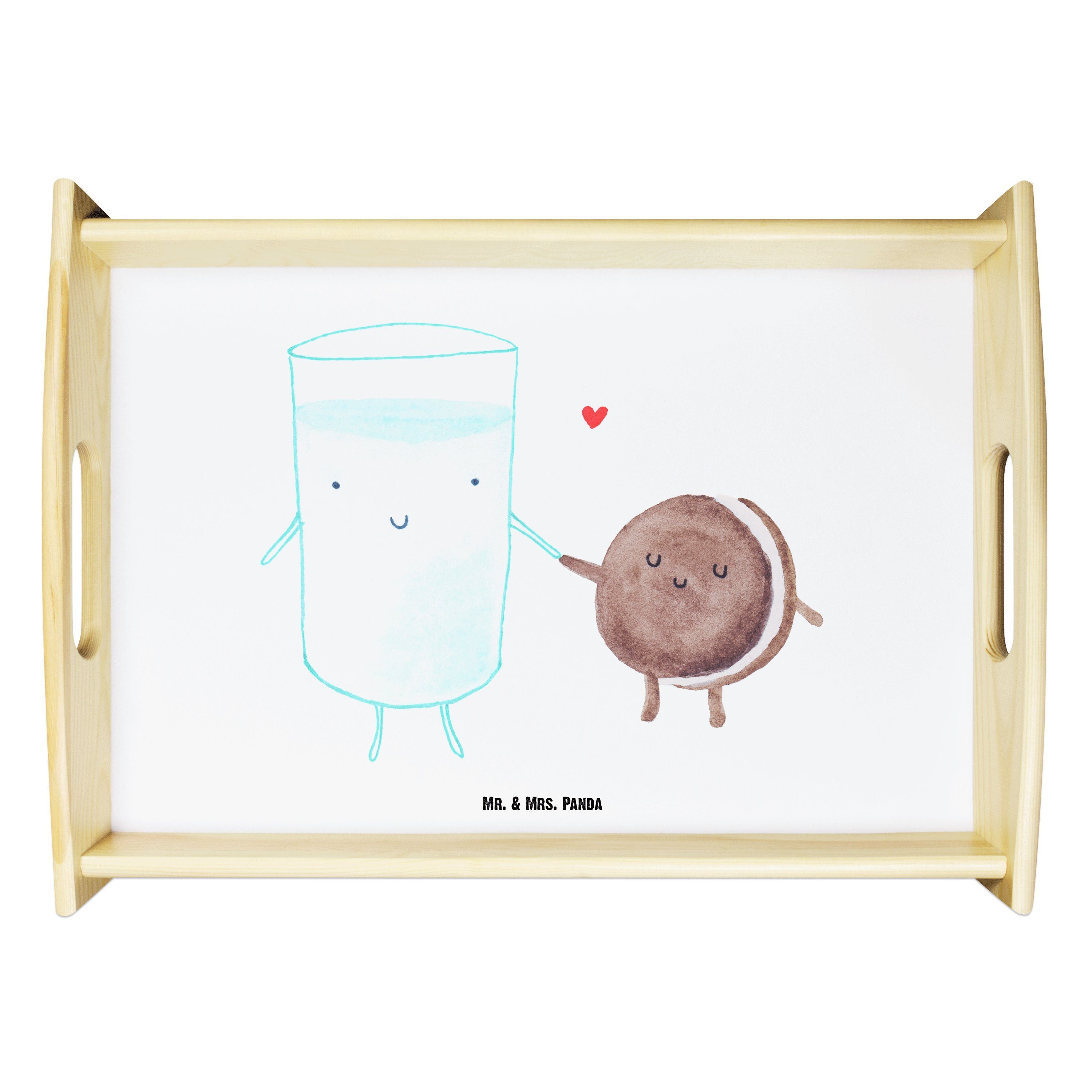 Mr. & Mrs. Panda Tablett Milch & Keks - Weiß - Geschenk, Tablett, Holztablett, Tiermotive, Mot, Echtholz lasiert, (1-tlg)