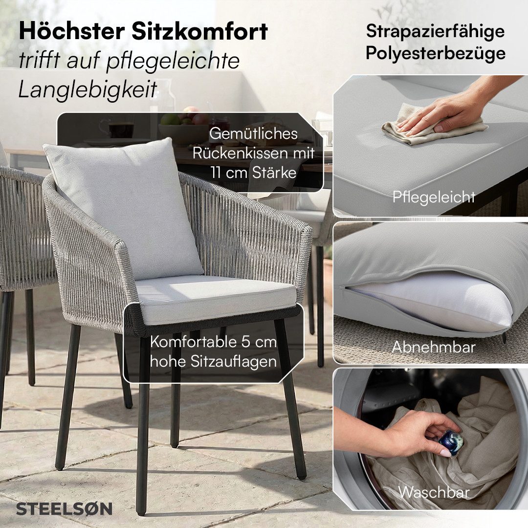 STEELSØN Gartenstuhl Nair mit Sitzauflagen & Kissen (2er Set, hellgrau), Gartensessel aus Polyrattan, elastisches Seilgeflecht, wetterbeständig