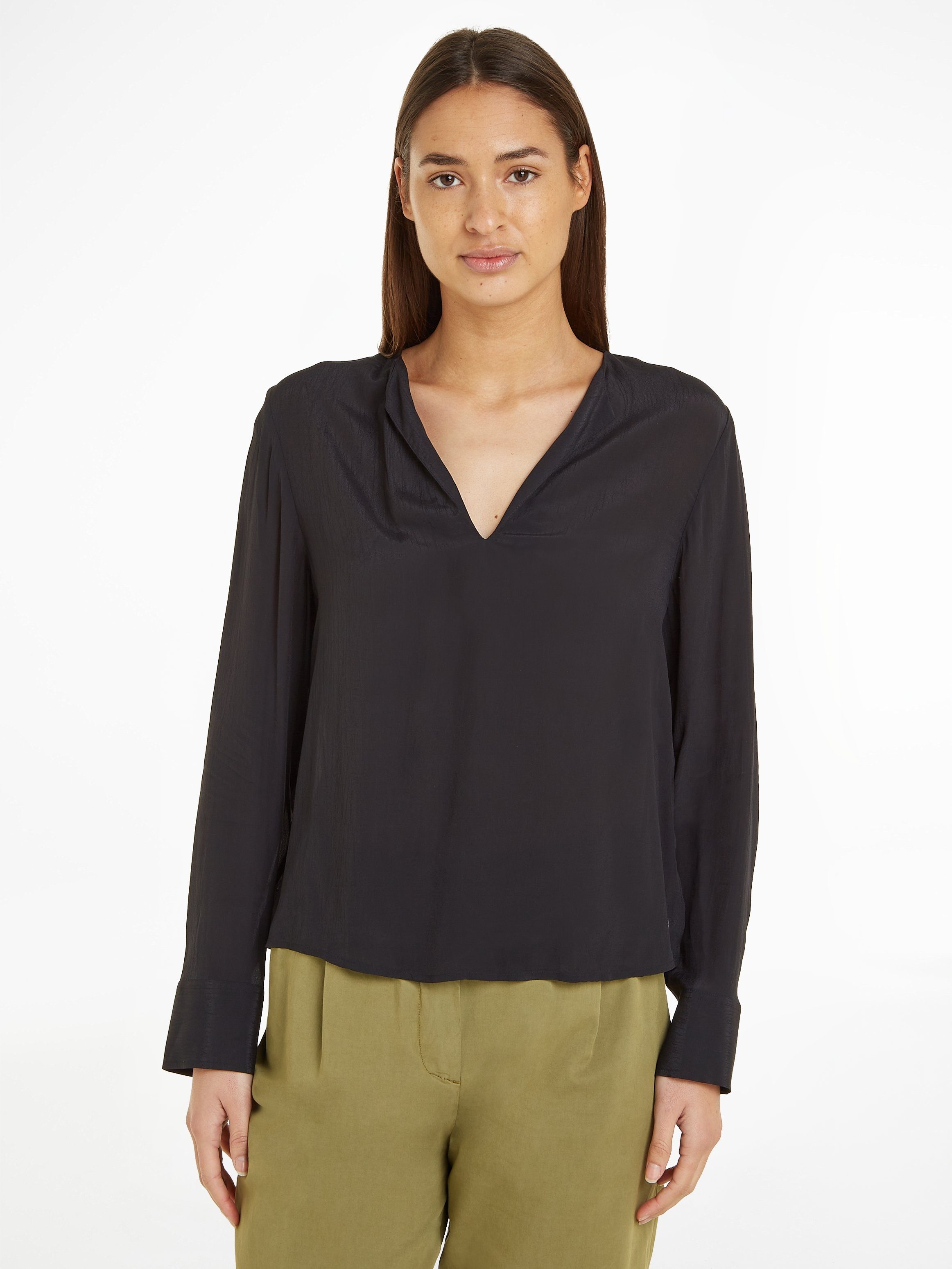 Tommy Hilfiger Langarmbluse VISCOSE CREPE V-NECK BLOUSE in Unifarbe