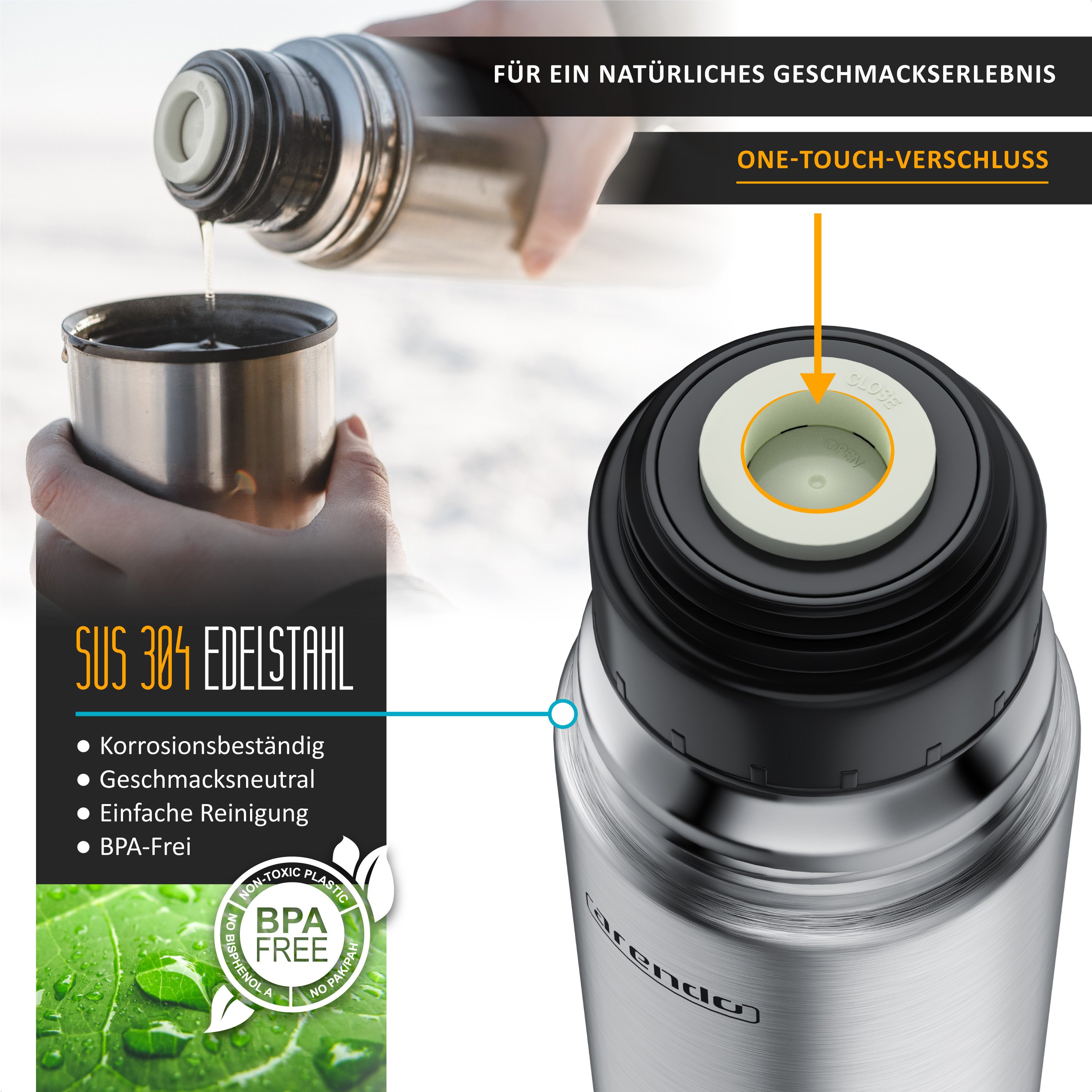 Arendo Thermoflasche auslaufsichere Isolierflasche 1L, Edelstahl Trinkflasche für Unterwegs, hält Stundelang kalt & warm, BPA-frei, geschmacksneutral, 1000 ml