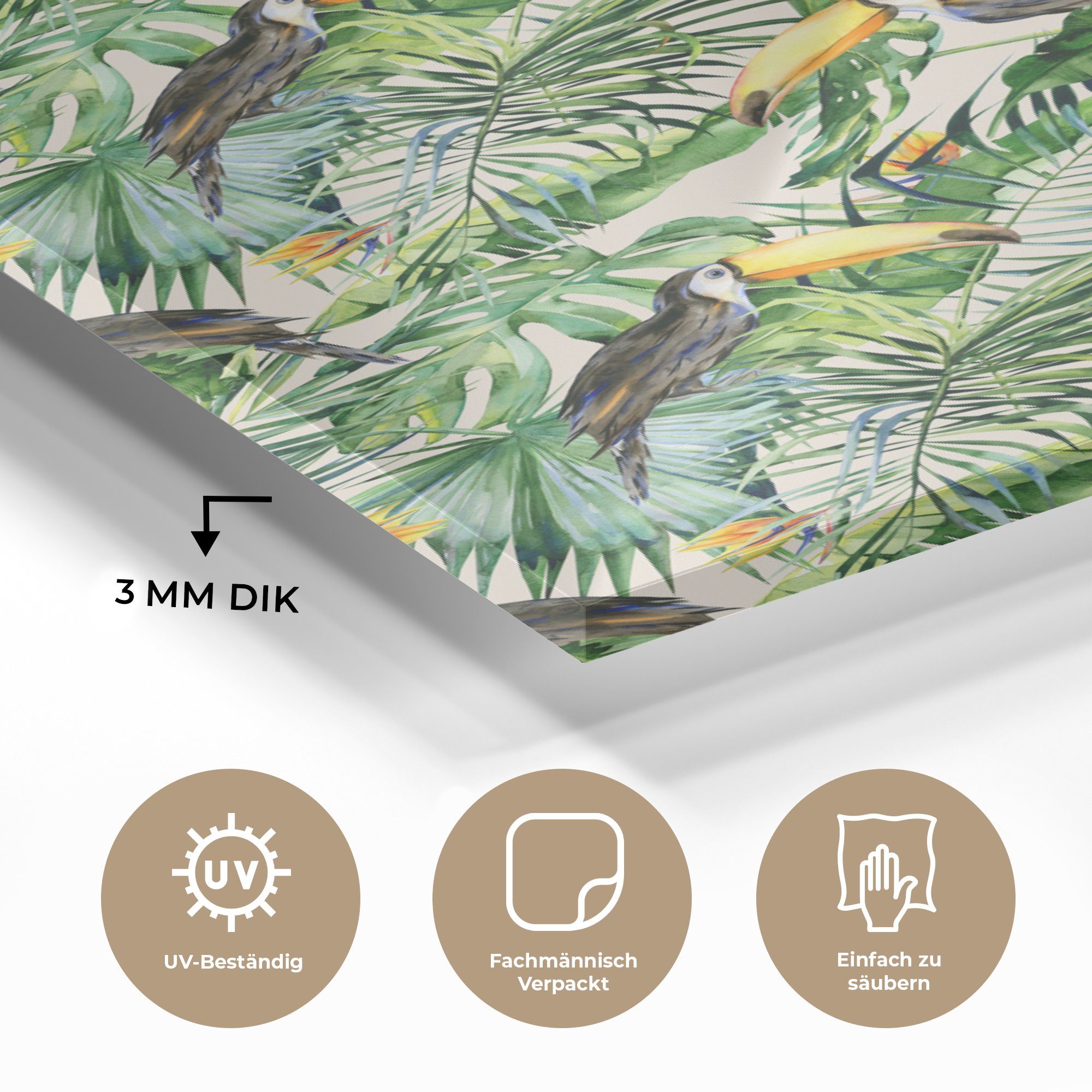 Paradiesvogelpflanze Wandbild - Glasbilder auf - Glas MuchoWow - Foto Bilder Acrylglasbild St), Glas (1 - Wanddekoration Vogel, auf Tukan -