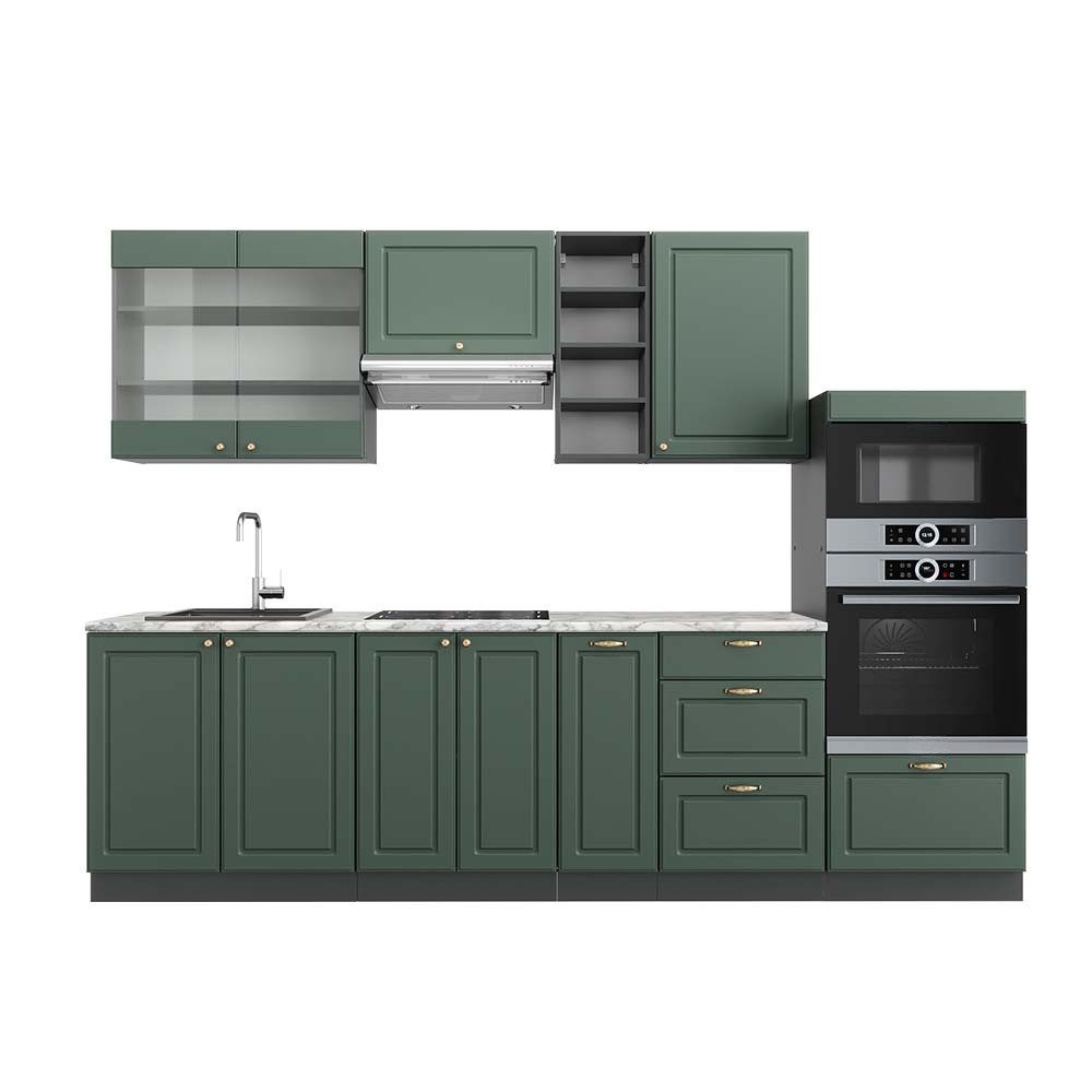 Vicco Küchenzeile Fame-Line, Grün-Gold Landhaus/Anthrazit, 280 cm, AP Marmor