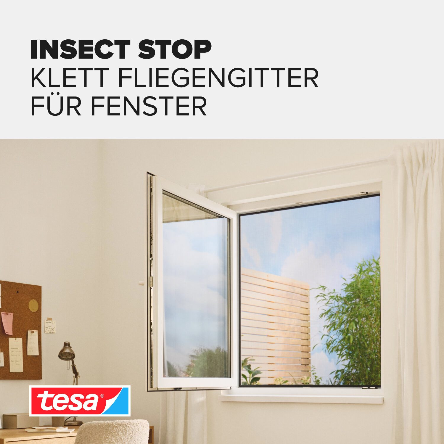 tesa Fliegengitter-Gewebe, (Komplett-Set, 1-St., 1 x Fliegen Netz - 100 cm x 100 cm - Anthrazit (Durchsichtig), mit Klettband, zuschneidbar - Mückenschutz ohne Bohren