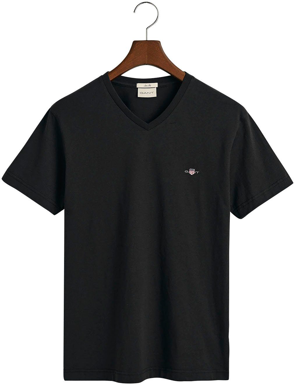 T-Shirt mit kleinen V-NECK Logostickerei auf SLIM Gant SHIELD der Brust T-SHIRT einer black