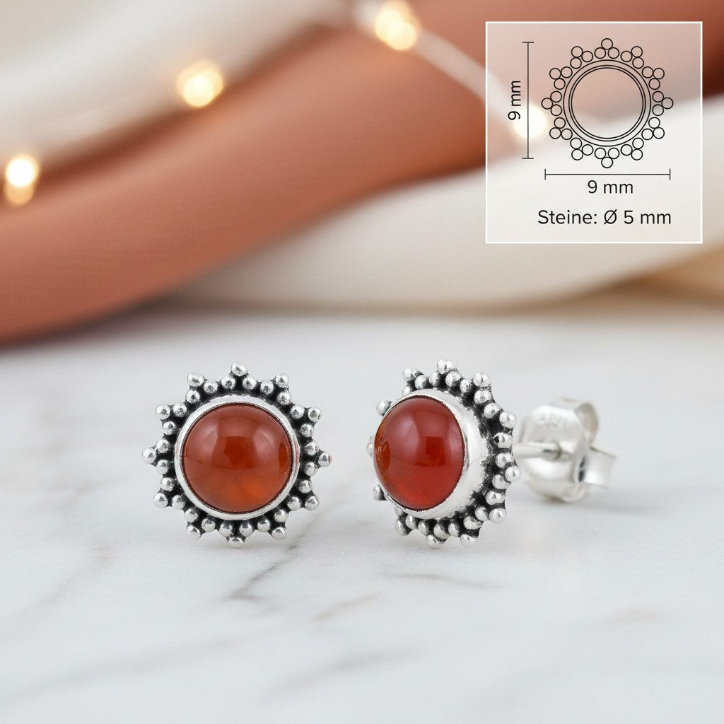 mantraroma Paar Ohrstecker BUWAN rund aus 925 Silber mit Karneol (Paar, Paar Ohrringe mit Schmuckbeutel), 925 Sterling Silber Ohrringe für Damen