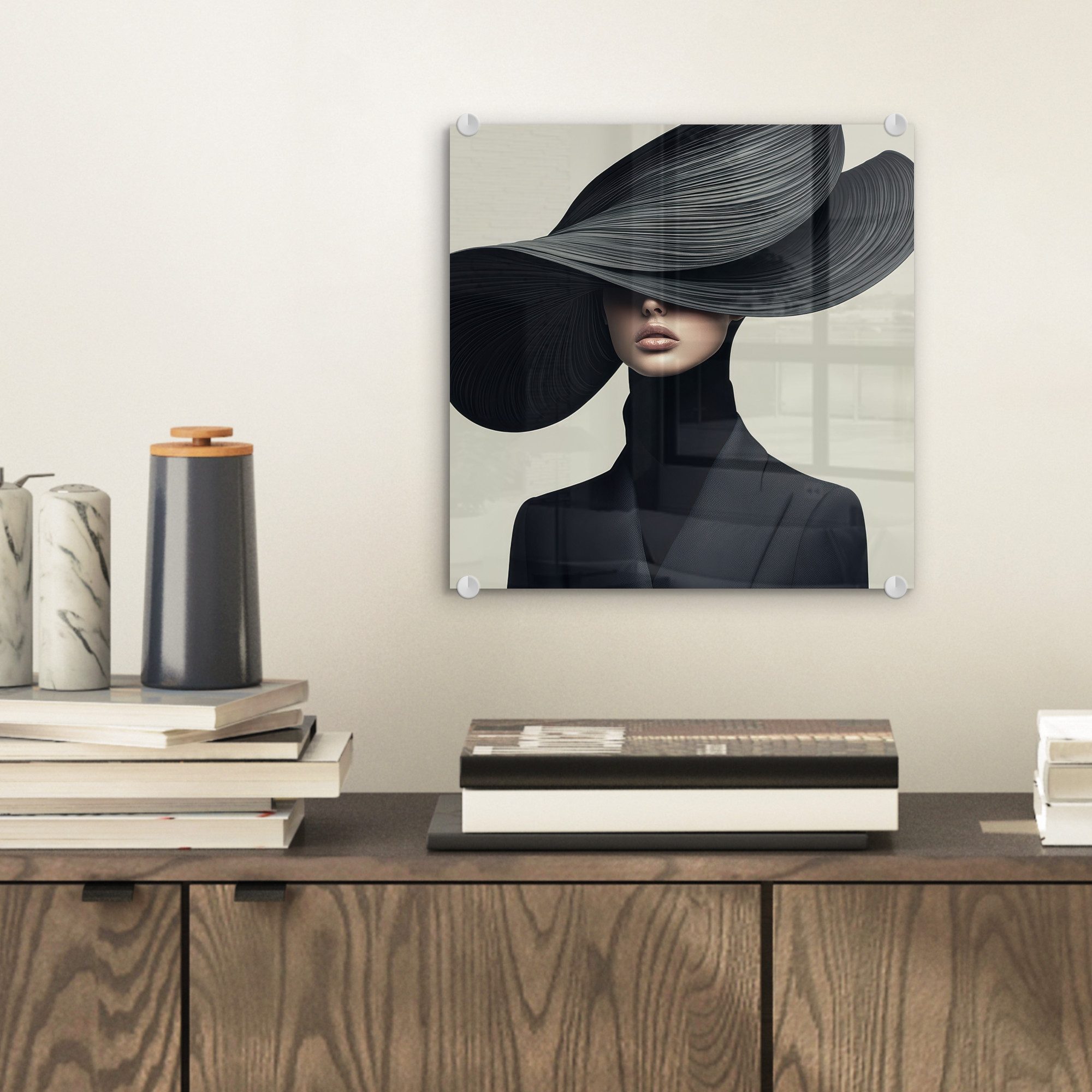 MuchoWow Acrylglasbild Schwarz - Frau - Hut, Inkl. Aufhängung, Bilder auf G günstig online kaufen